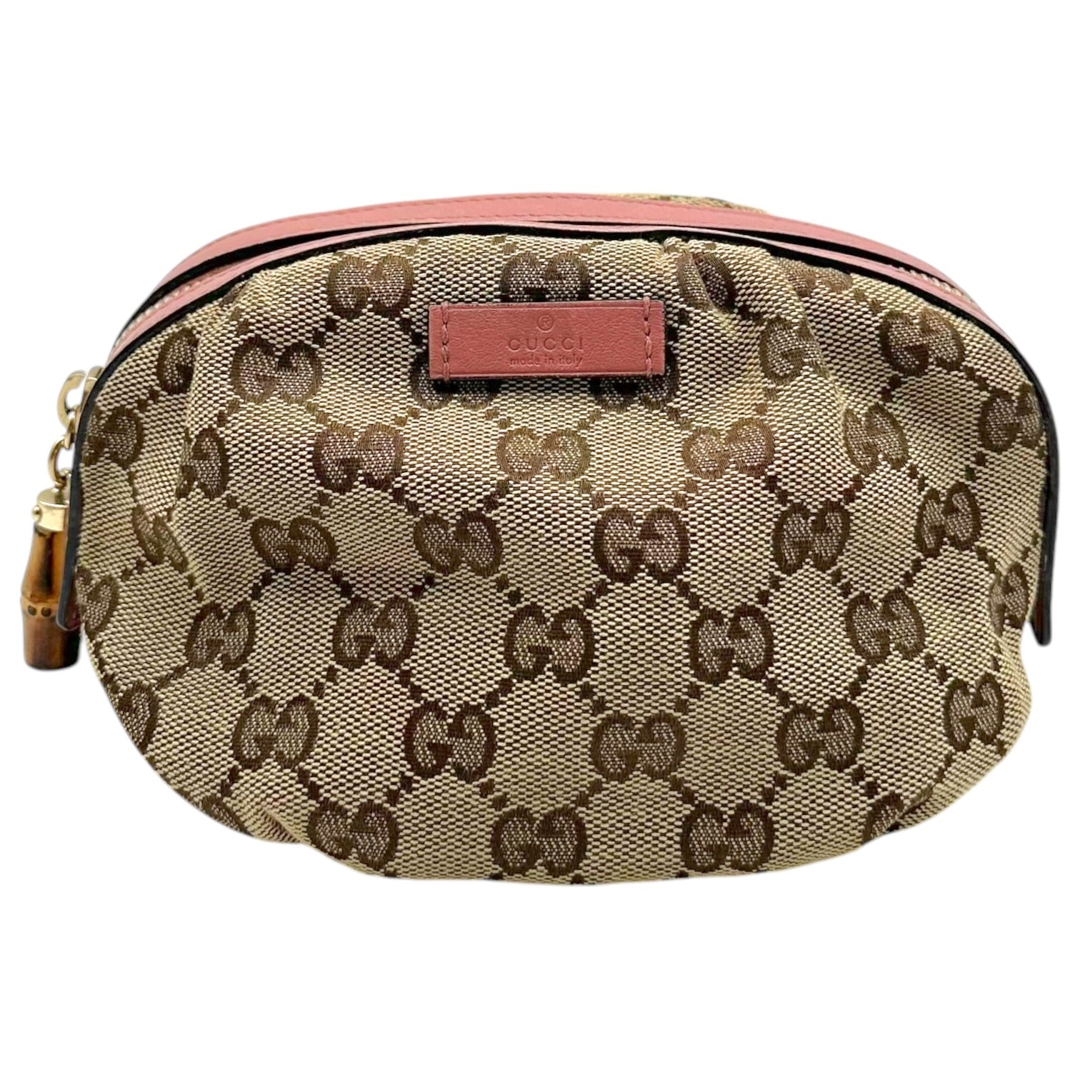 Gucci Pink Tan Monogram Bamboo Zip Cosmetic Pouch
