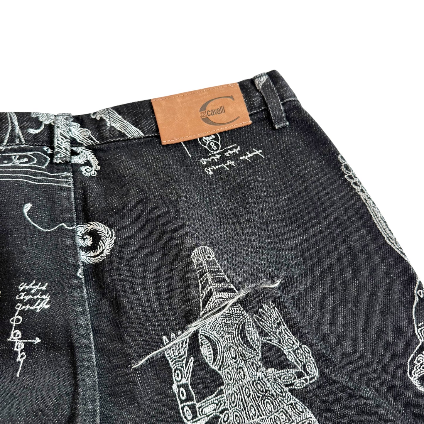 Roberto Cavalli Black White Illustration Distressed Jeans