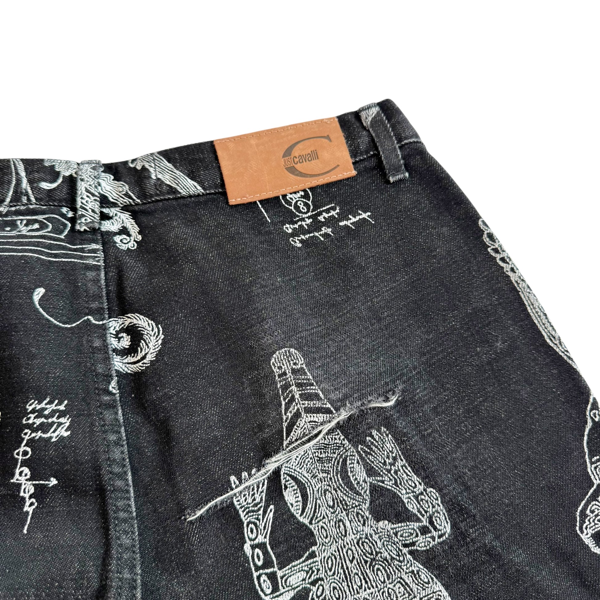 Roberto Cavalli Black White Illustration Distressed Jeans