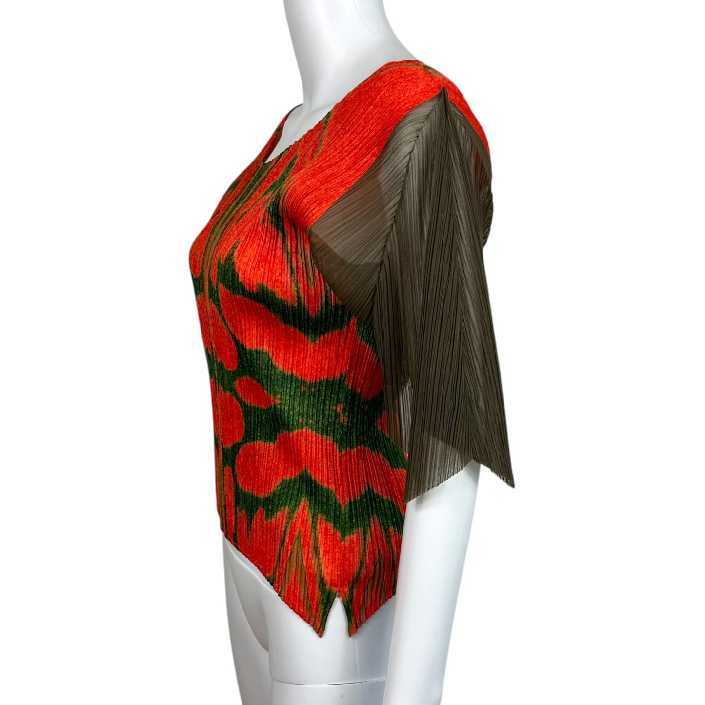 Issey Miyake Pleats Please Red & Green Patterned Batwing Sleeve Pleated Top