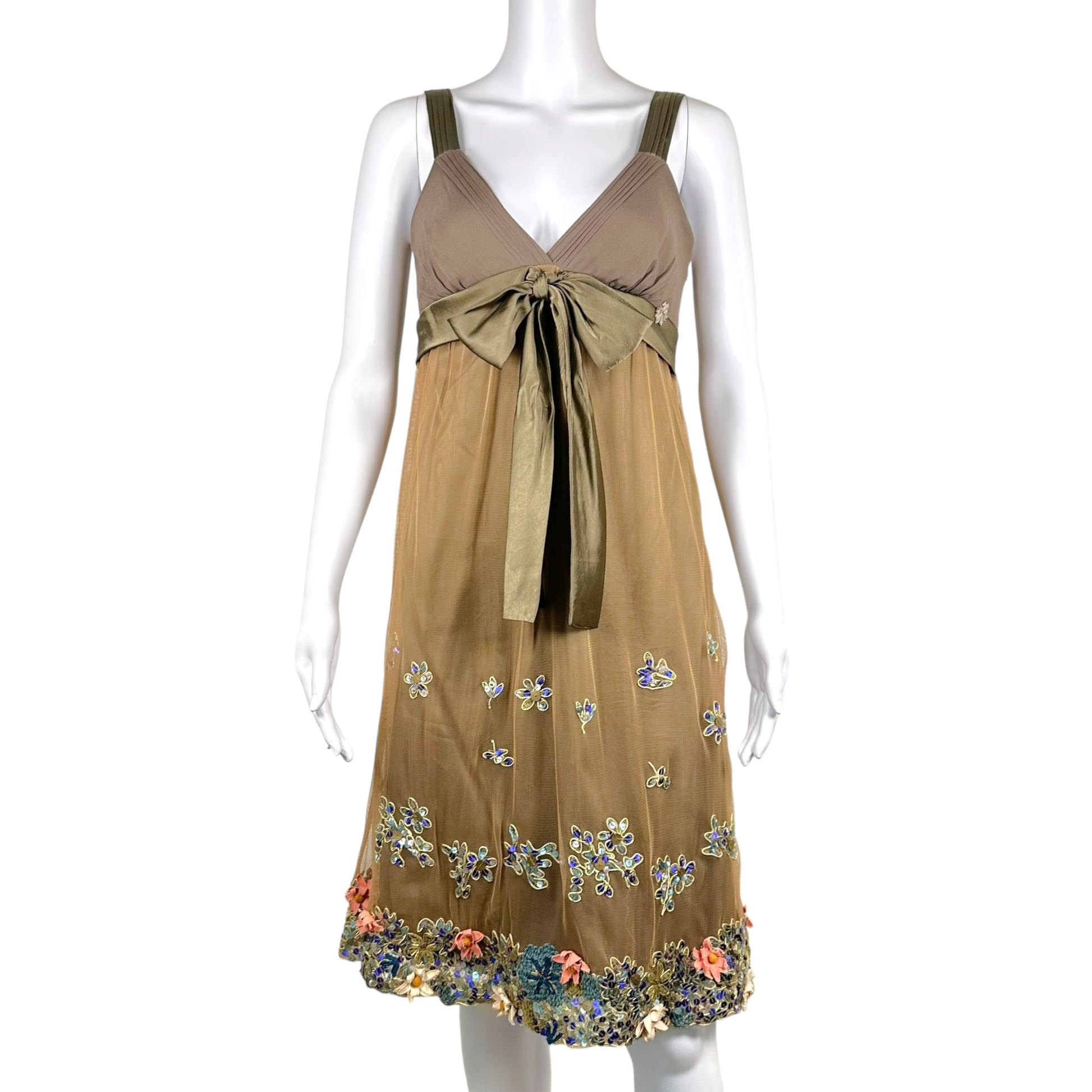 Galliano Mini Dress Khaki Green Silk Tulle Floral Beaded