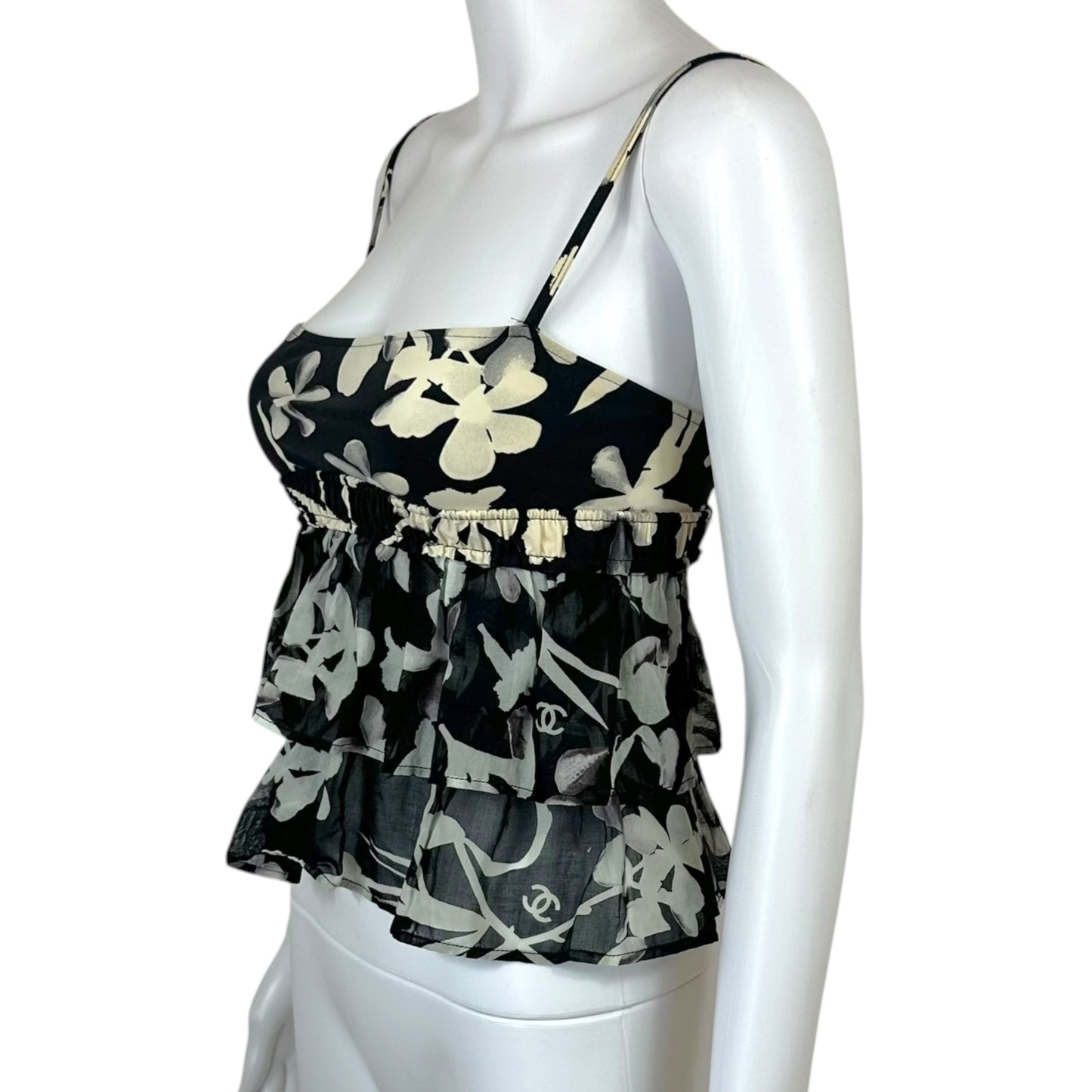 Chanel 2004 Floral Print Black & White Babydoll Cropped Open Back Tank