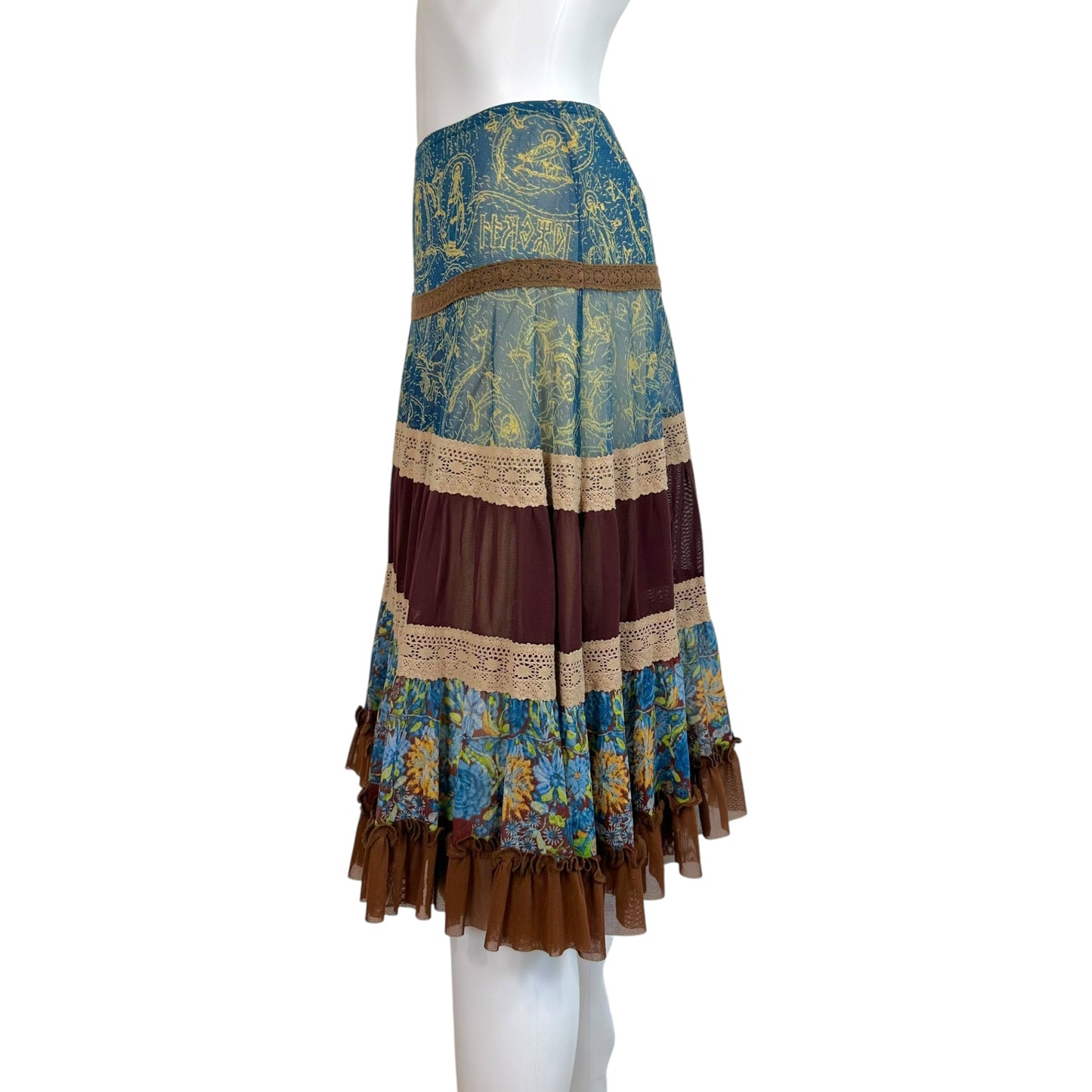 Jean Paul Gaultier Tiered Multi-Print Mesh Midi Skirt