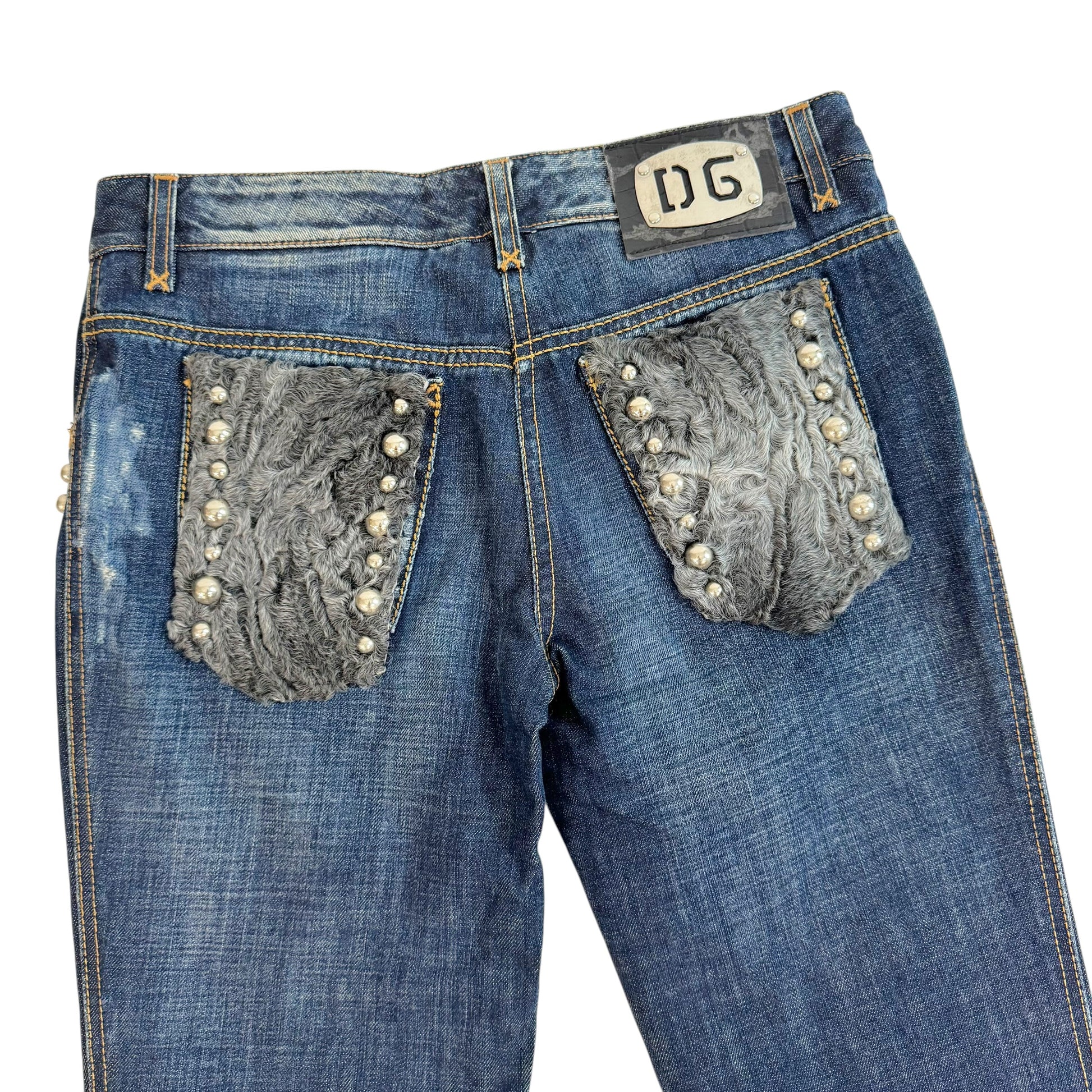 Dolce & Gabbana Denim Capri Pants Blue Fur Trim Studded