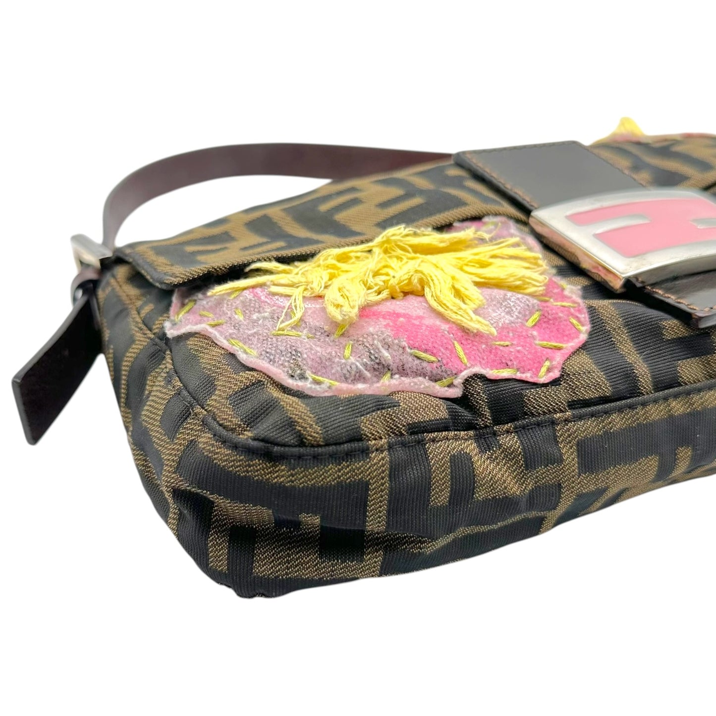 Fendi Baguette Bag Brown Monogram Pink Floral Applique