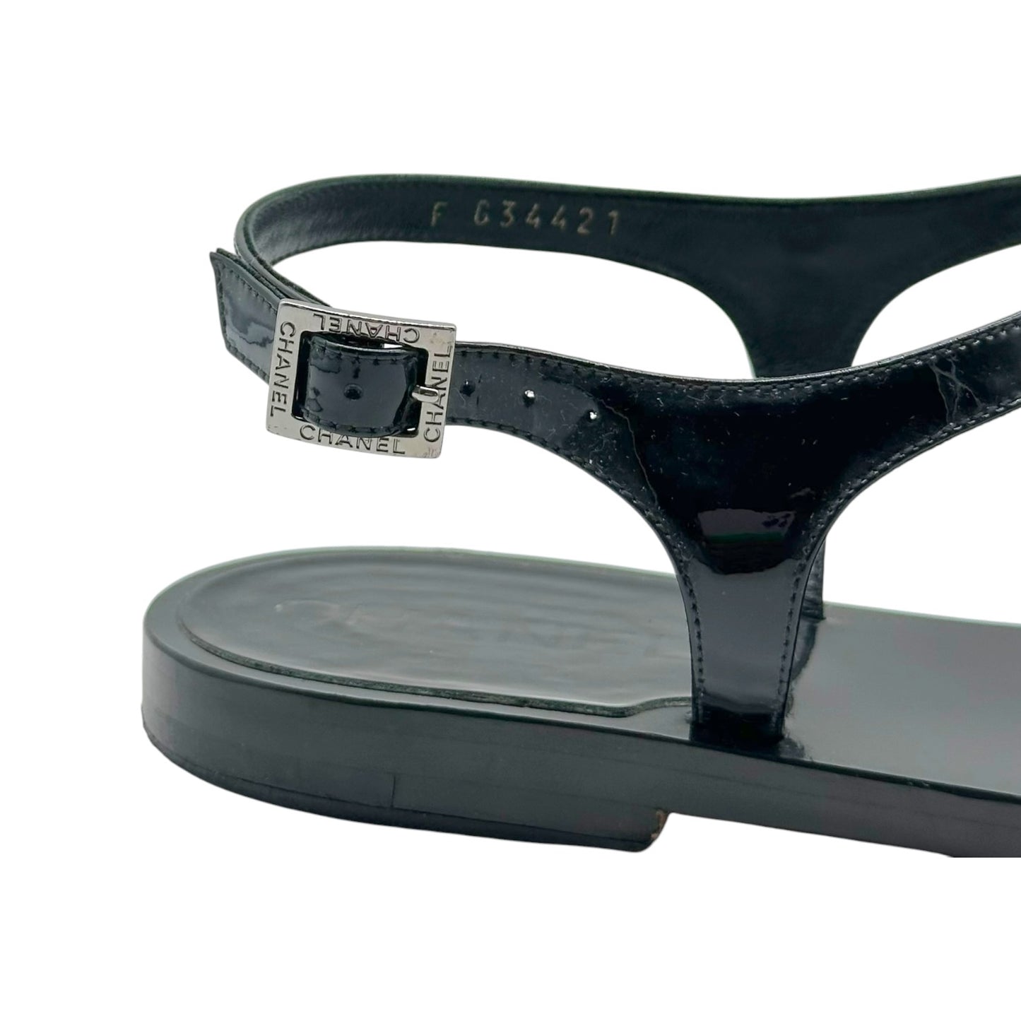 Chanel Black Patent Leather CC Logo Thong Sandals