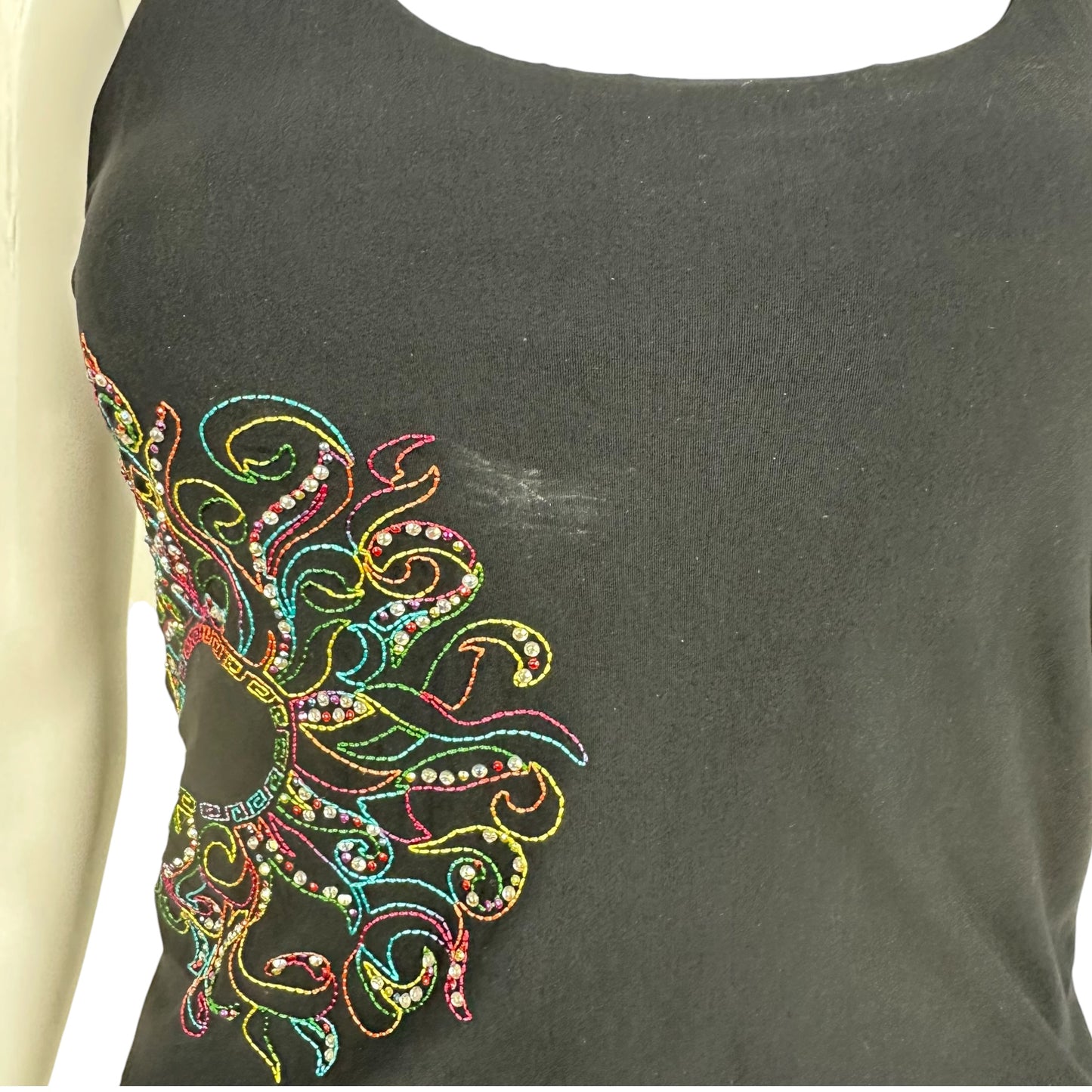 Versace Classic Black Rhinestone & Multicolor Embroidered Crop Tank