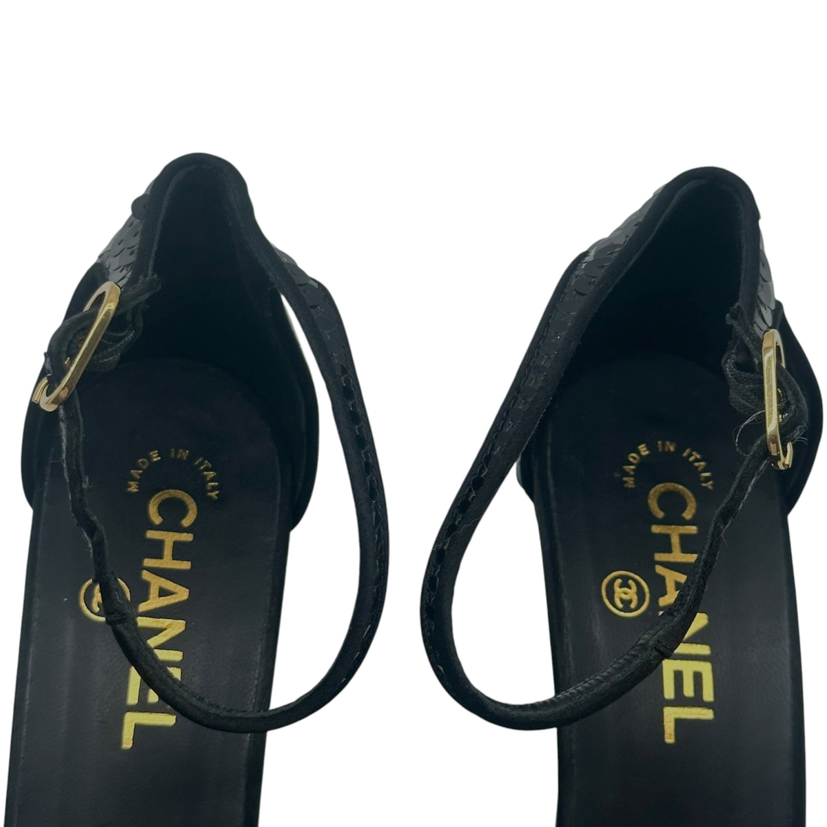 Chanel Black Strappy Sequin Platform Heeled Sandals