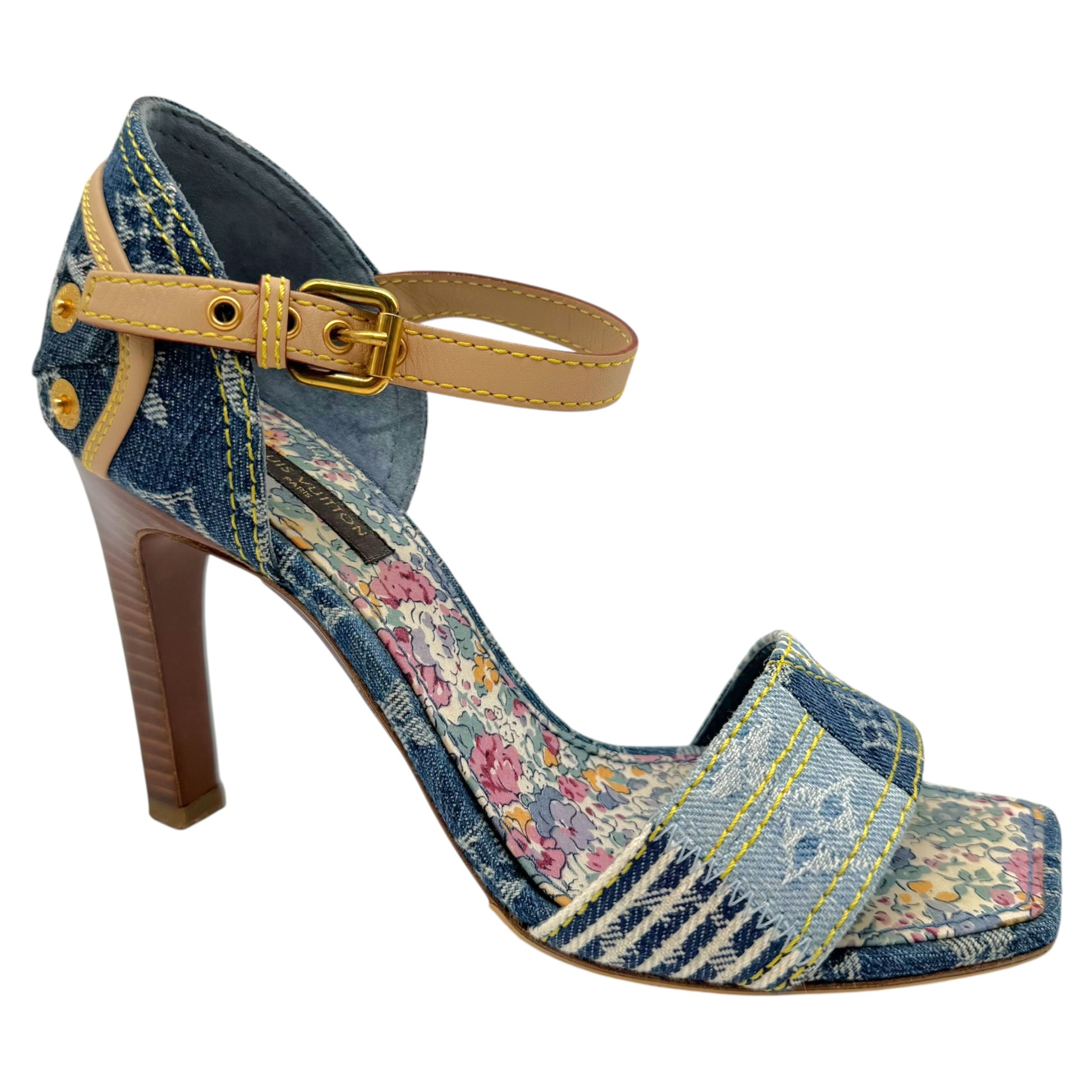 Louis Vuitton Blue Denim Patchwork Sandal Heels