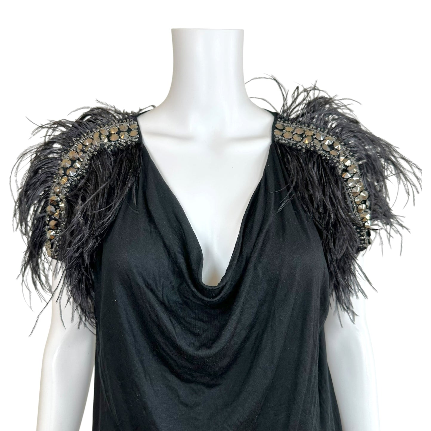 Emilio Pucci Black Cowl Neck Blouse Feather Trim