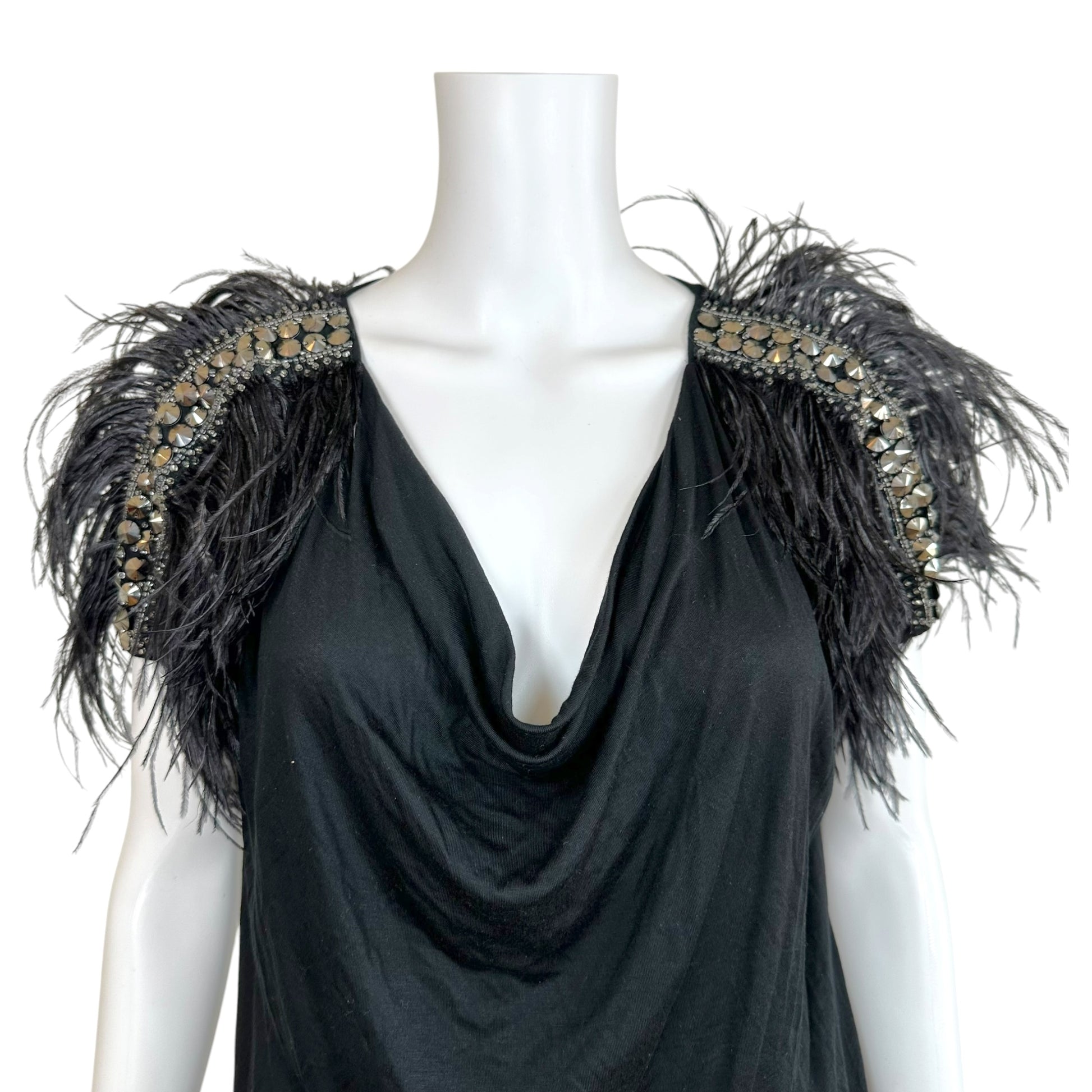 Emilio Pucci Black Cowl Neck Blouse Feather Trim