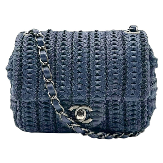Chanel Small Square Flap Bag Navy Blue Woven Leather