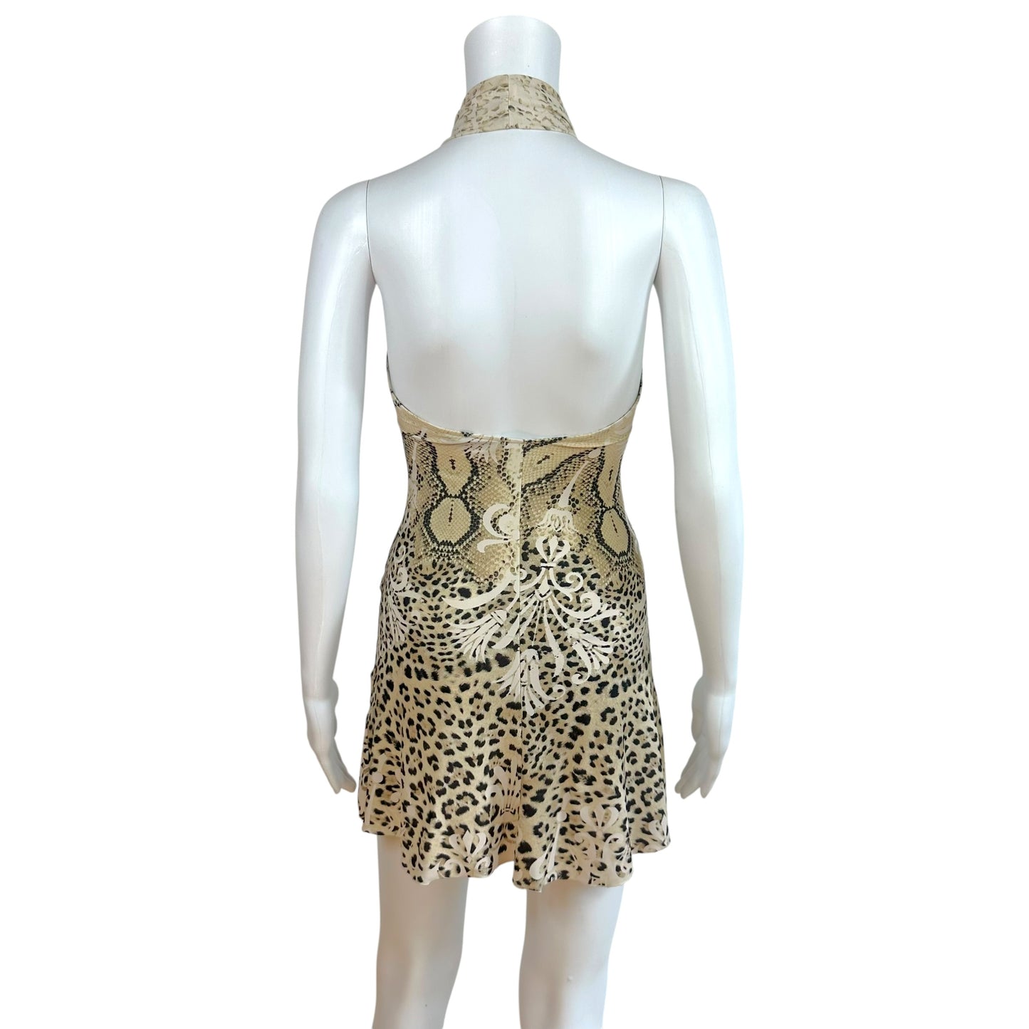 Roberto Cavalli 2006 Ivory & Tan Leopard Print Convertible Halter Mini Dress