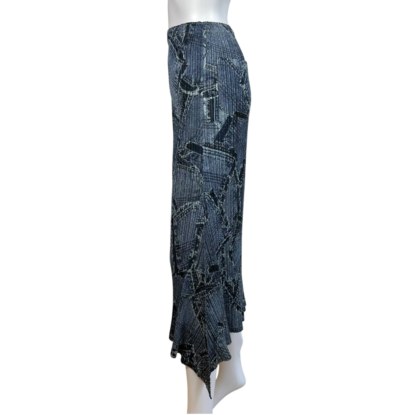 Issey Miyake Pleats Please Patchwork Denim Print Pleated Maxi Skirt
