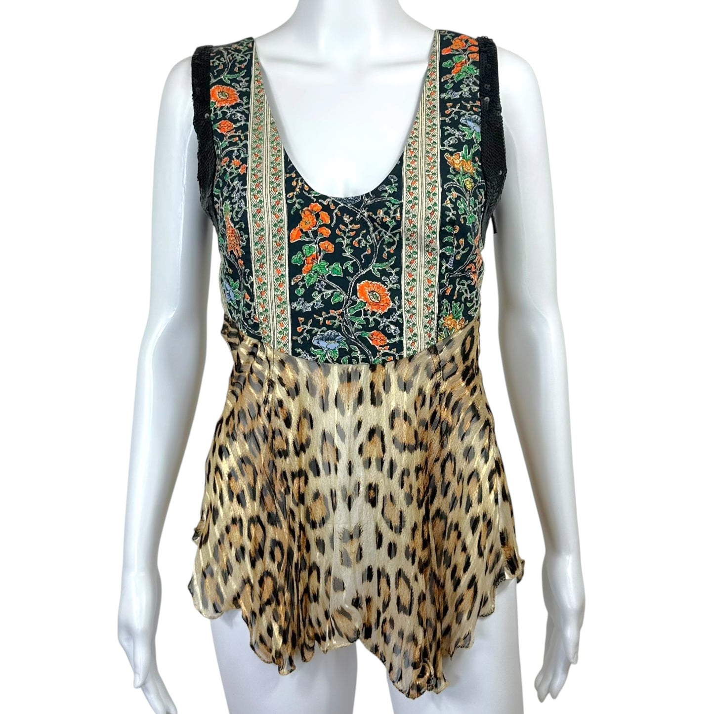 Roberto Cavalli Leopard Print Silk Floral & Sequin Sleeveless Blouse Top
