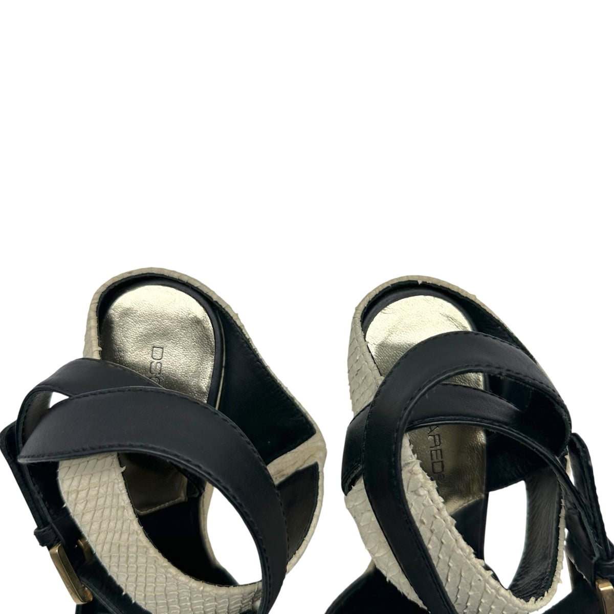 Dsquared2 Ivory Snakeskin Black Leather Platform Wedge Sandals