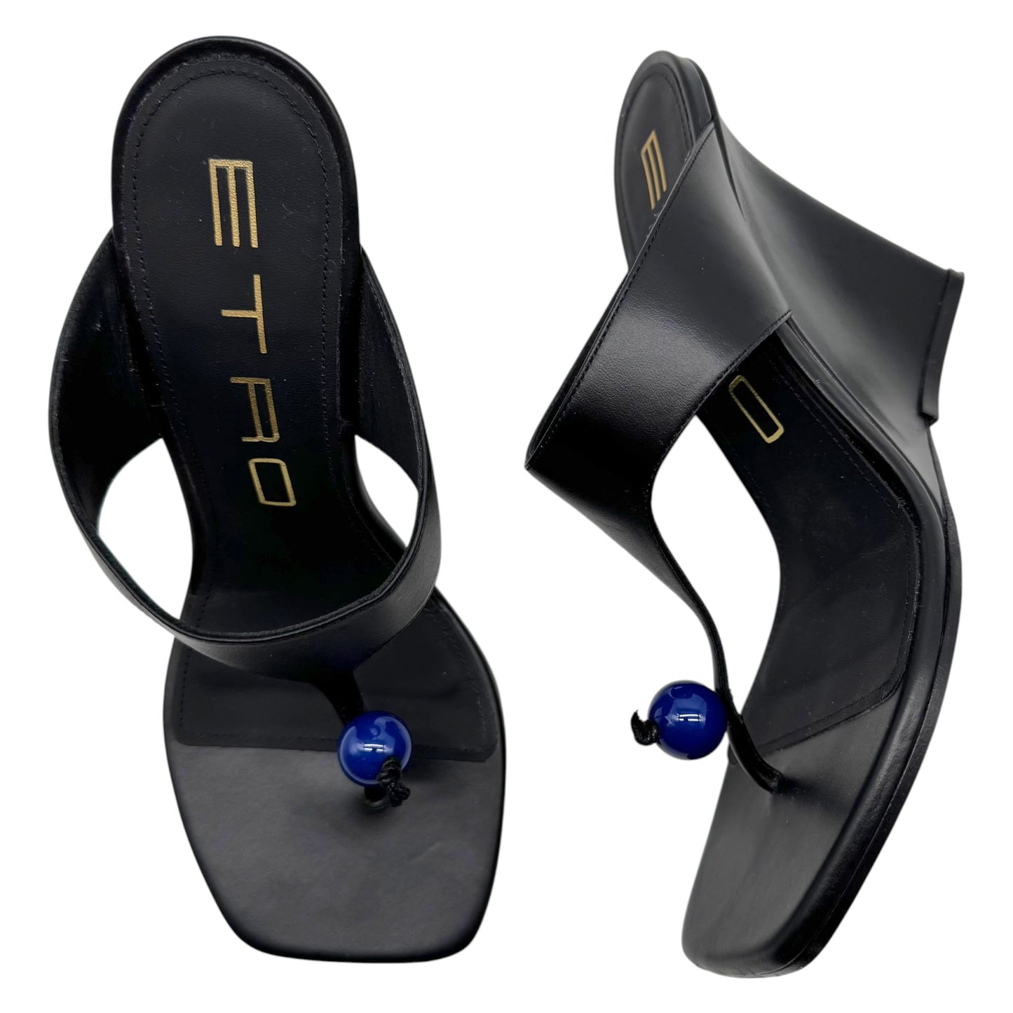 Etro Black Leather & Blue Bead Thong Sandal Wedge Heels