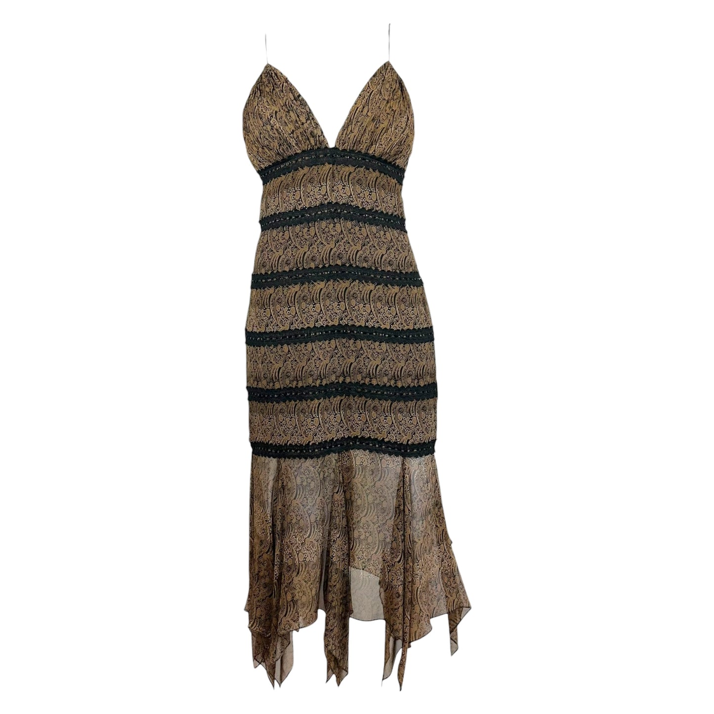 Bob Mackie Brown & Black Paisley Print Beaded Silk Midi Dress & Scarf Set