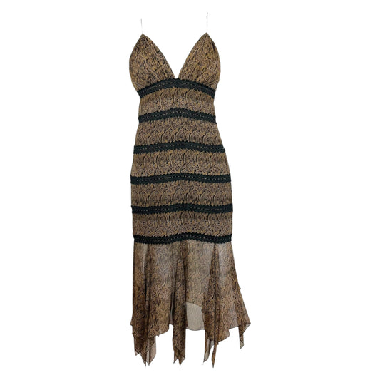 Bob Mackie Brown & Black Paisley Print Beaded Silk Midi Dress & Scarf Set