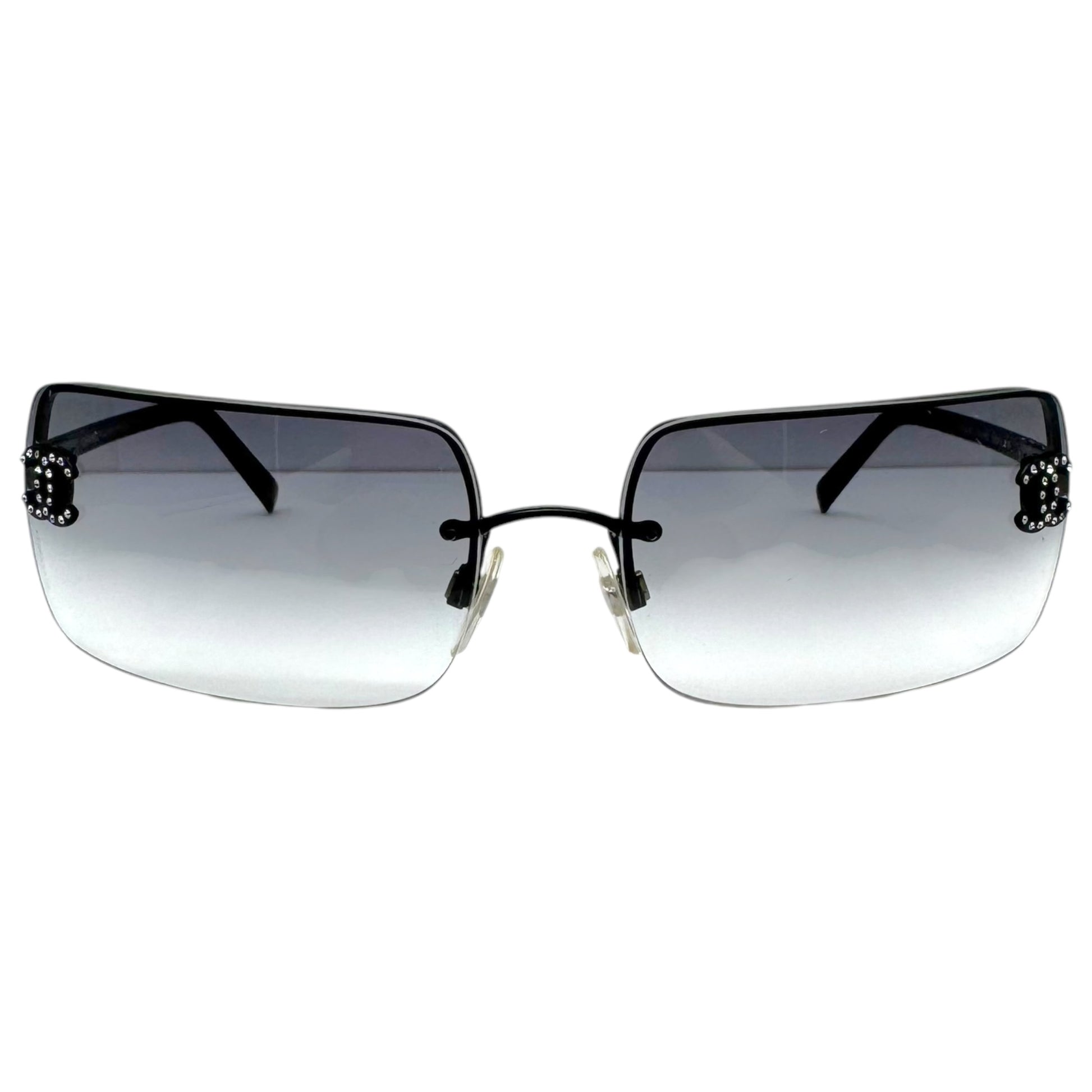 Chanel Rimless Rectangle Sunglasses Black Silver Crystal