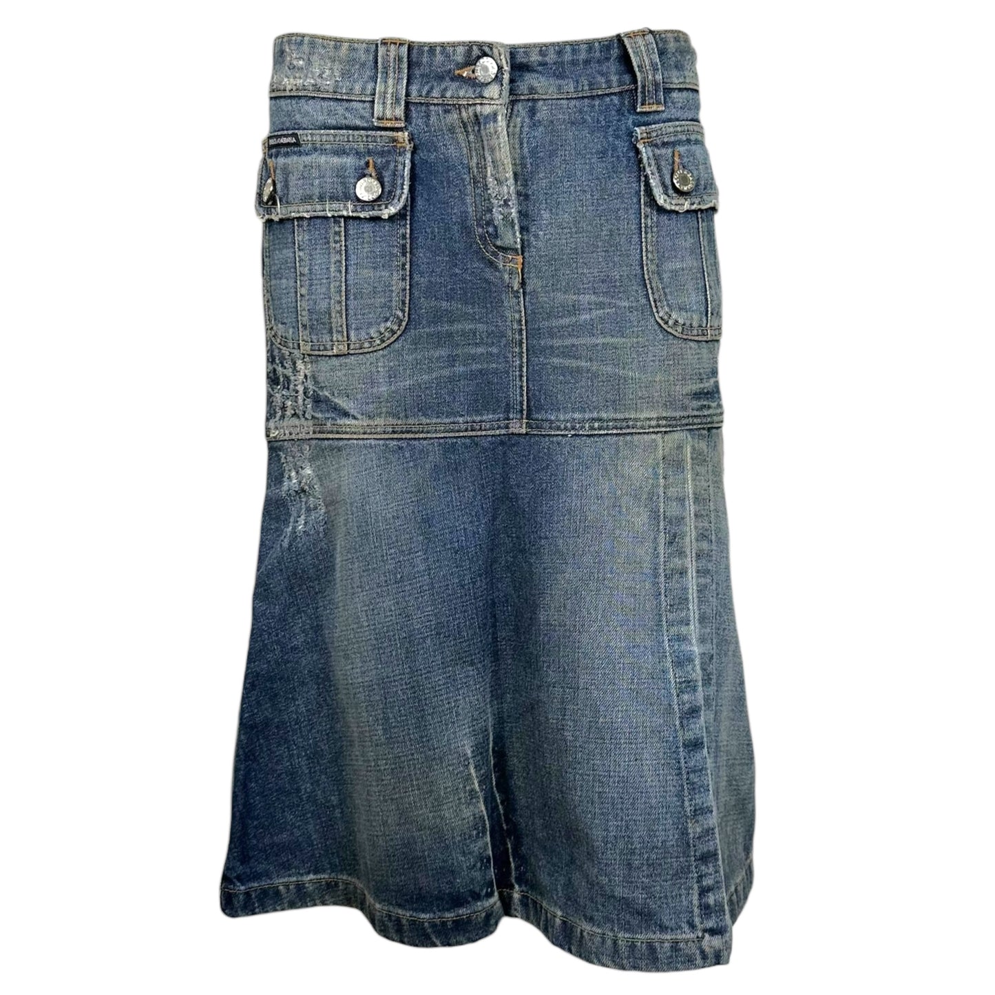 D&G Dolce & Gabbana Denim Logo Patch Midi Skirt NEW