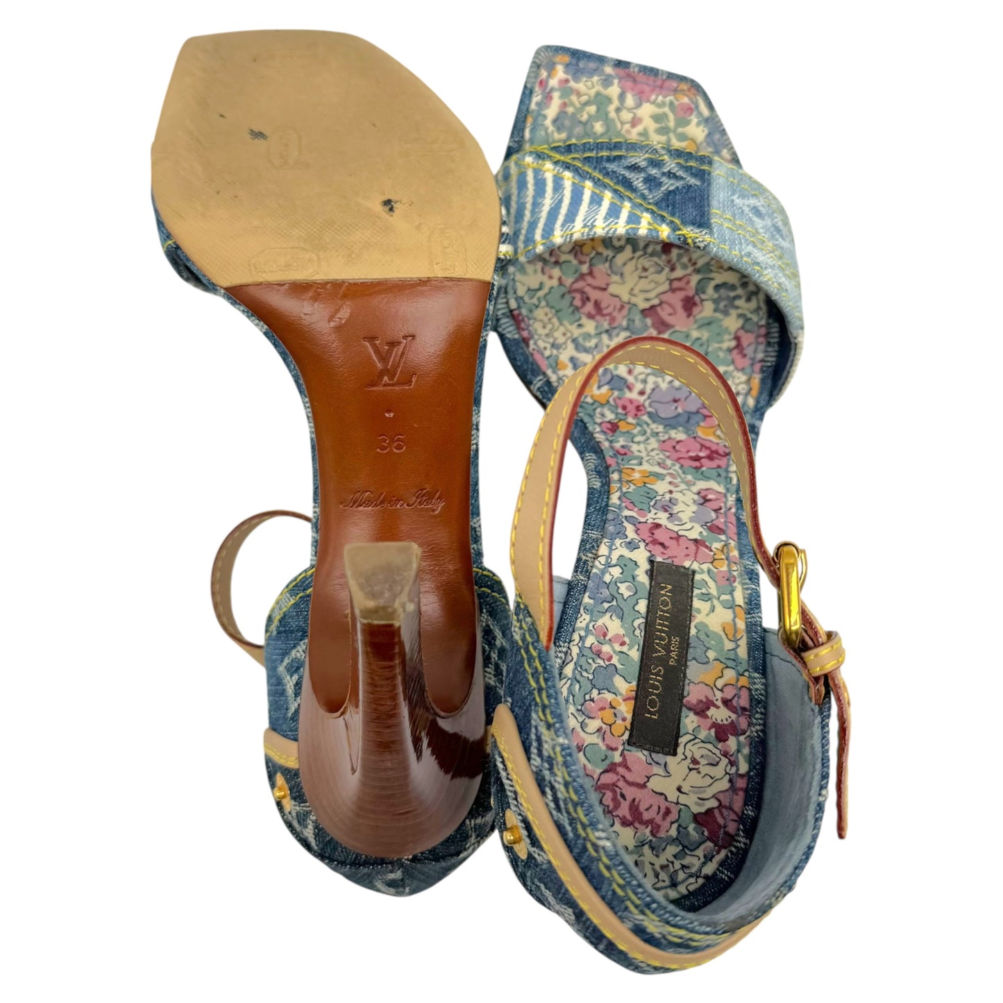 Louis Vuitton Blue Denim Patchwork Sandal Heels