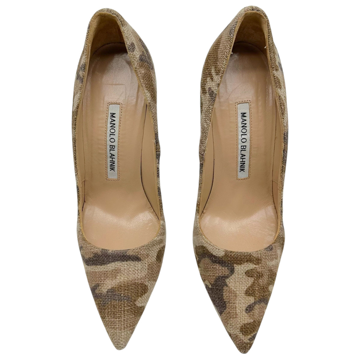 Manolo Blahnik Camo Print Linen Pointed Toe Pumps