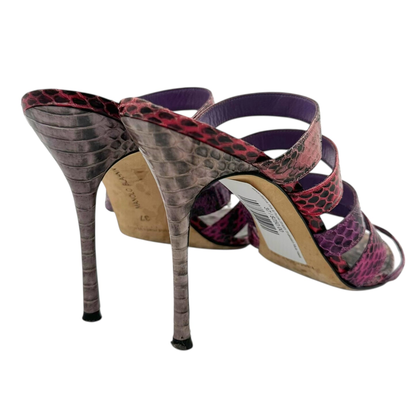 Manolo Blahnik Pink & Purple Strappy Snakeskin Mule Heels