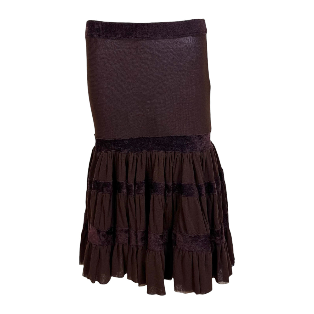 Jean Paul Gaultier Burgundy Mesh & Velvet Tiered Tutu Hem Midi Skirt