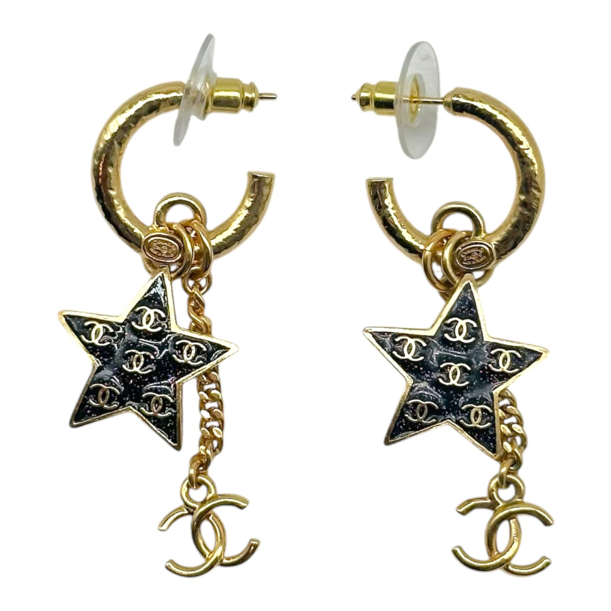 Chanel Cruise 2024 Gold CC Logo Charm & Glitter Star Dangly Hoop Earrings