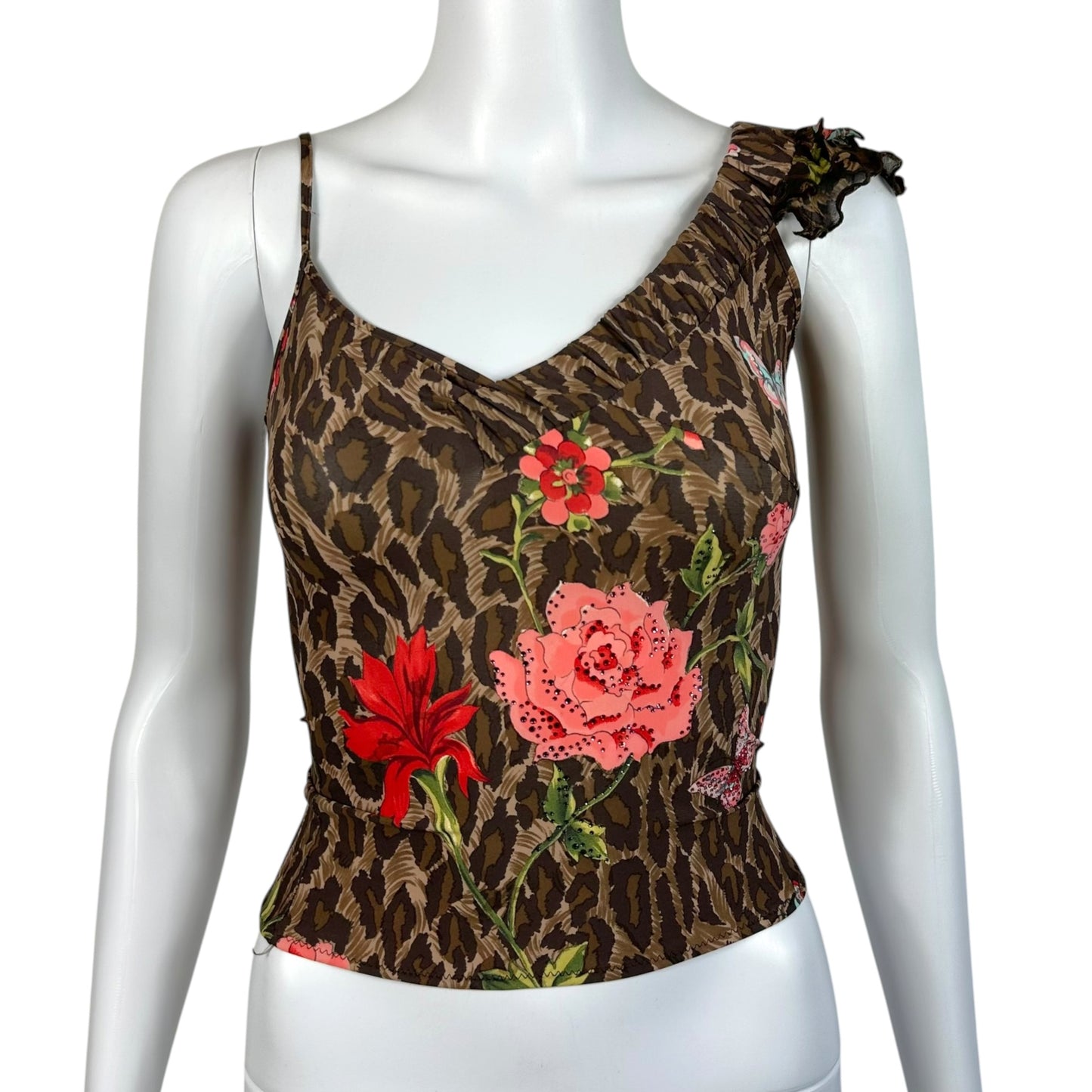 Blumarine Leopard & Floral Print Rhinestone Asymmetrical Tank Top
