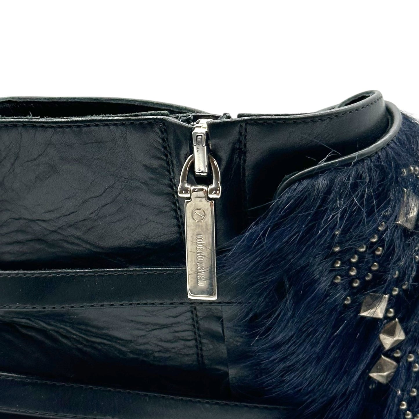 Roberto Cavalli Black Leather Studded Fur Trim Heeled Boots
