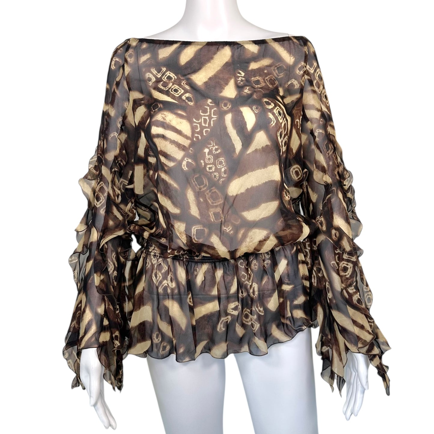 Escada Semi-Sheer Silk Off Shoulder Ruffle Blouse
