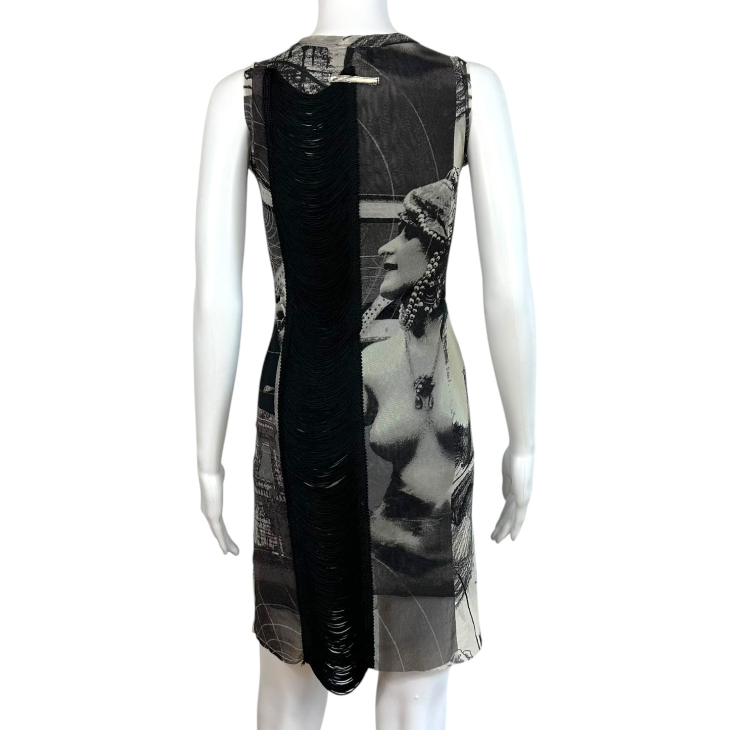 Jean Paul Gaultier Black & White Statue Print Fringe-Back Mesh Midi Dress