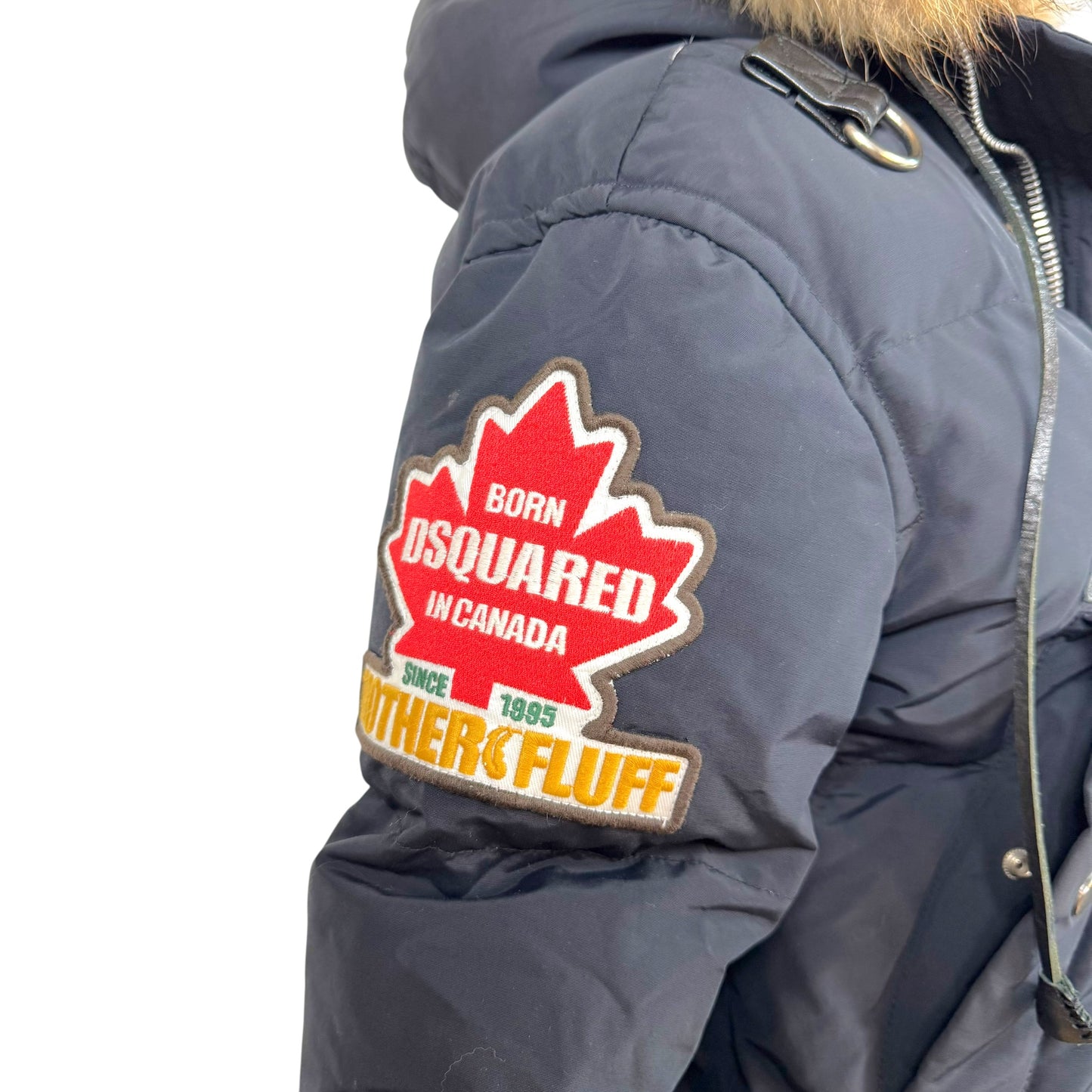 Dsquared2 Black Fox Fur Trim Hood Logo Patch Down Fill Puffer Coat
