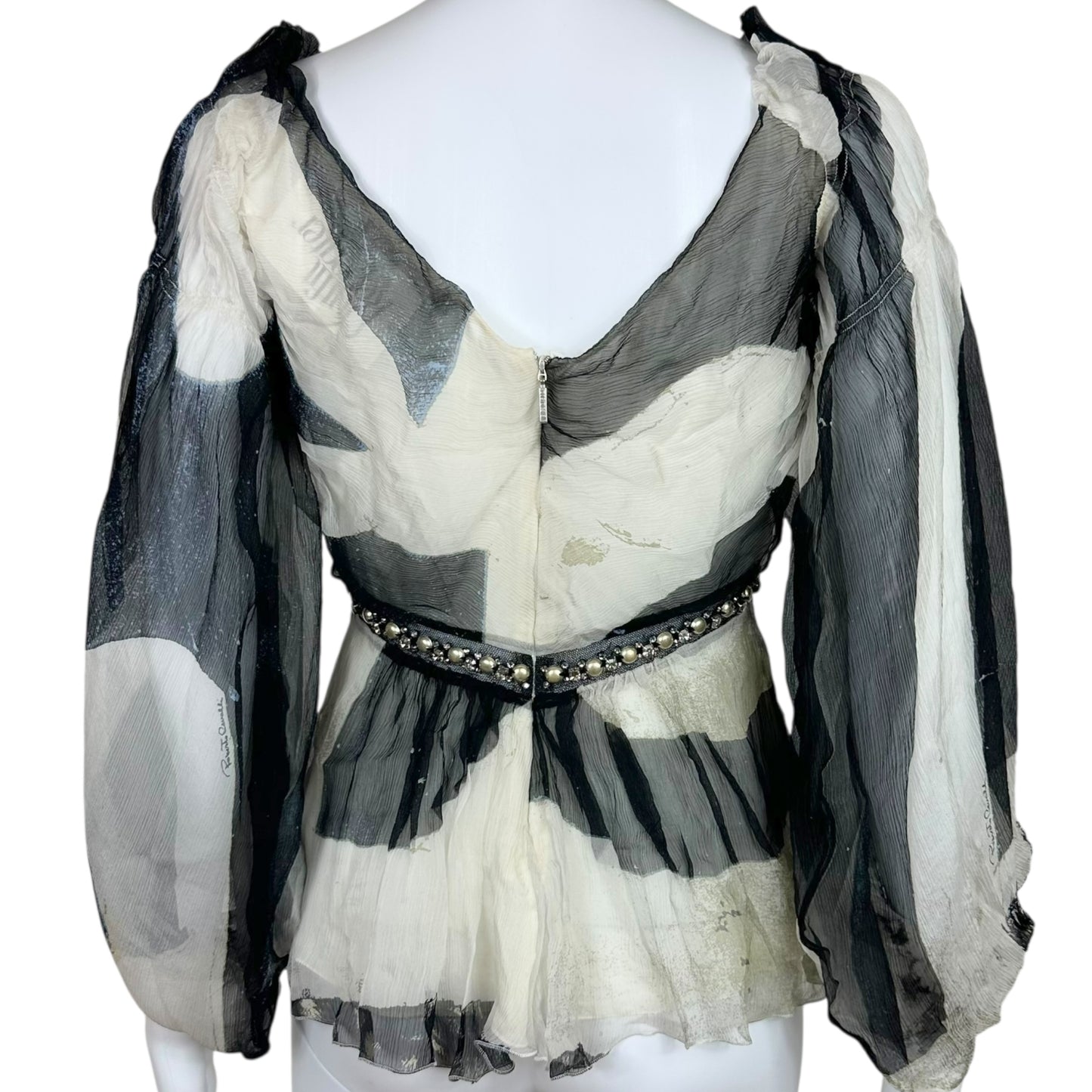 Roberto Cavalli 2007 Black & White Silk Rhinestone Embellished Blouse