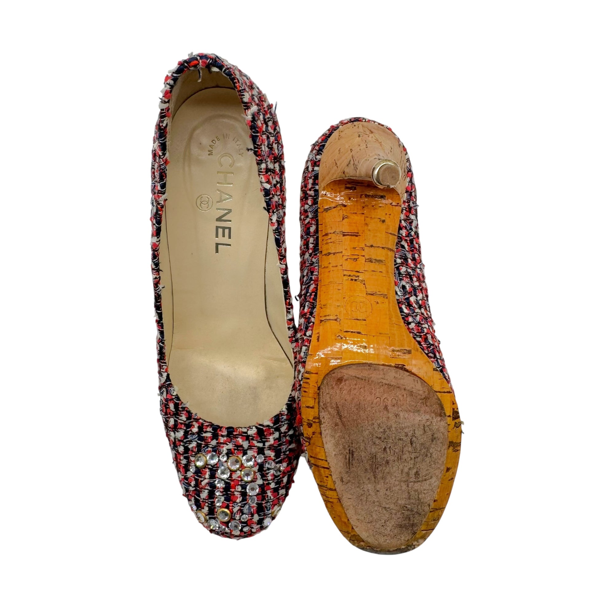 Chanel Red Blue Tweed Rhinestone CC Logo Heels