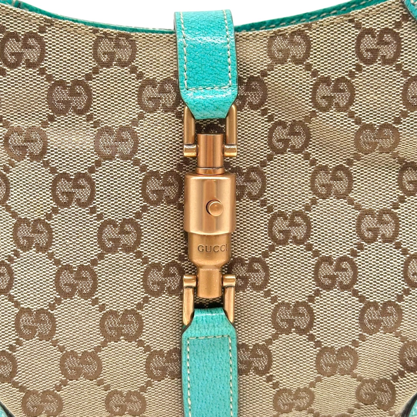 Gucci Mini Piston Jackie Bag Turquoise Leather Tan Monogram