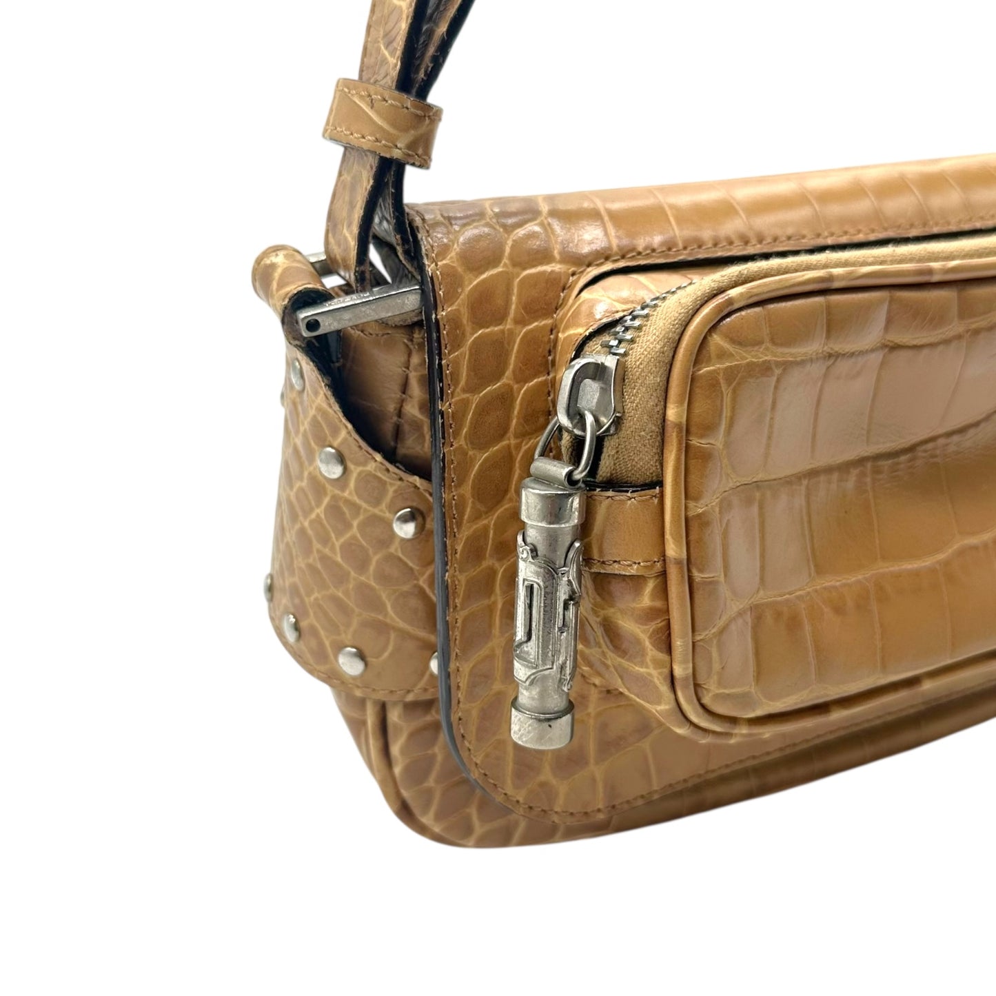 Versace Tan Croc Embossed Mini Shoulder Bag
