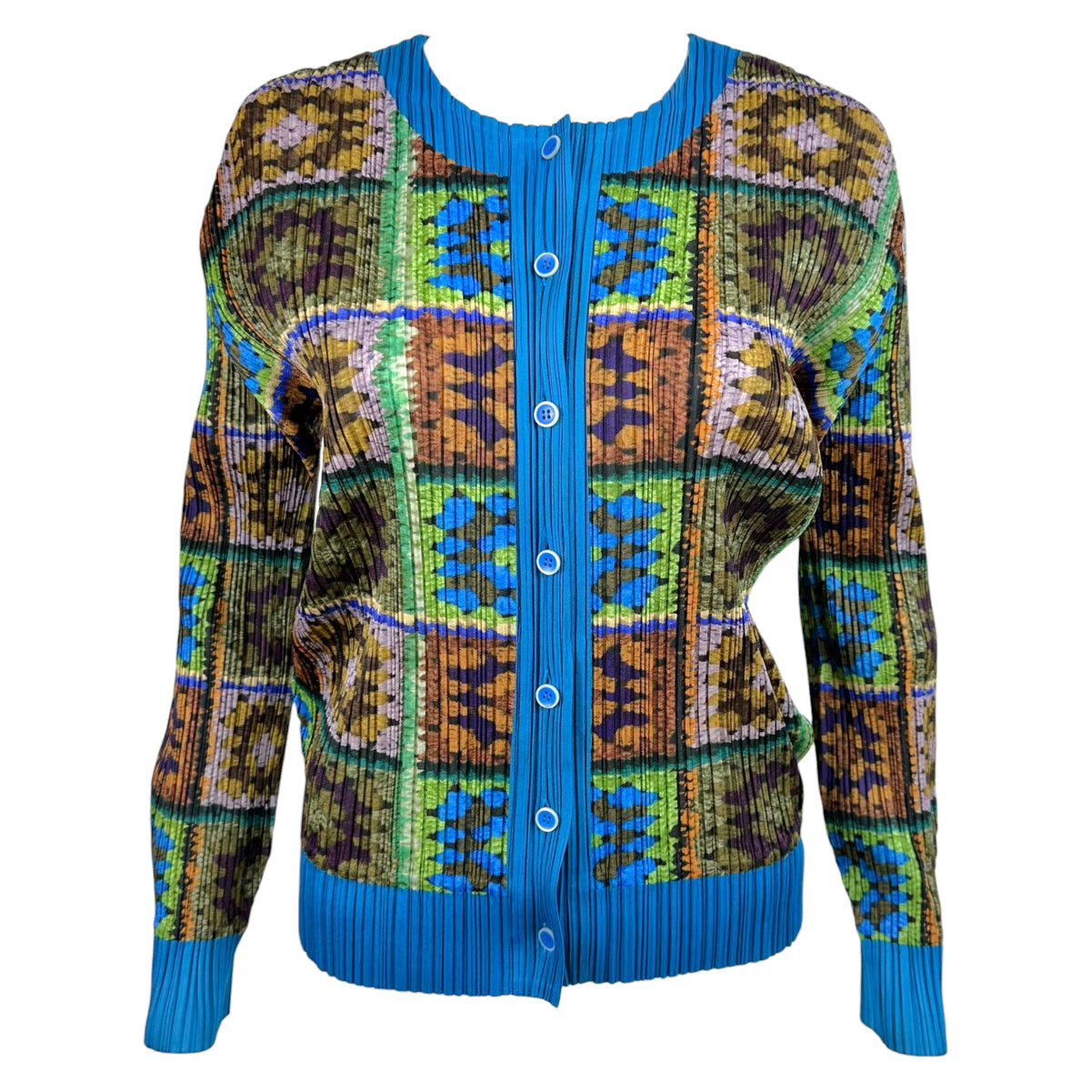 Issey Miyake Pleats Please Turquoise Multicolor Crochet Square Printed Pleated Cardigan Top Sz 3