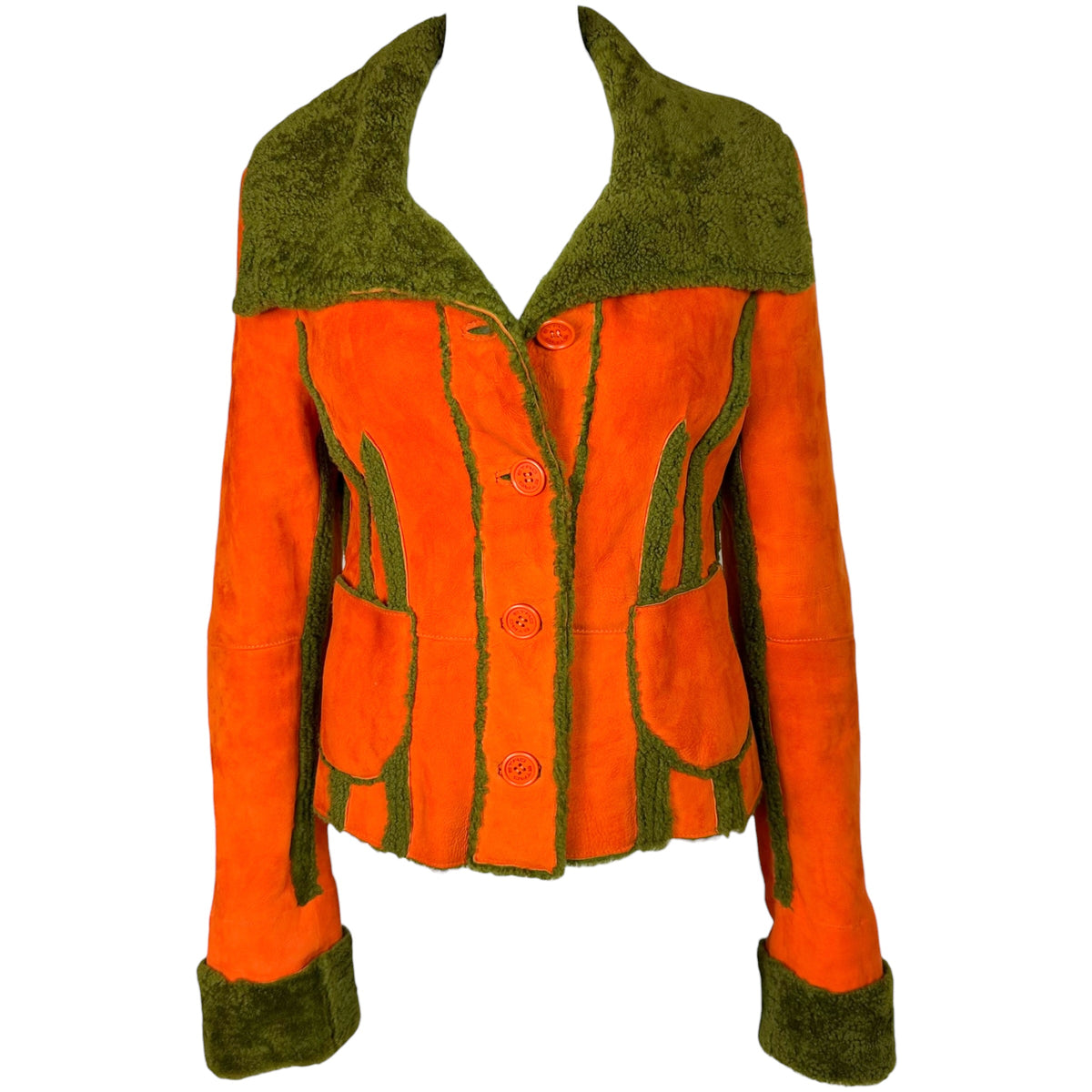 Etro Shearling Jacket Orange Khaki Green Button-Up