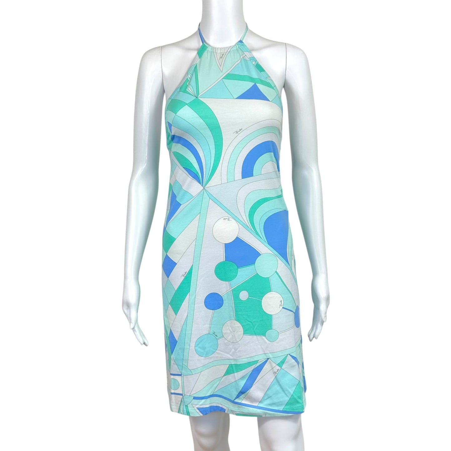 Emilio Pucci Light Blue Printed Tie-Back Halter Mini Dress