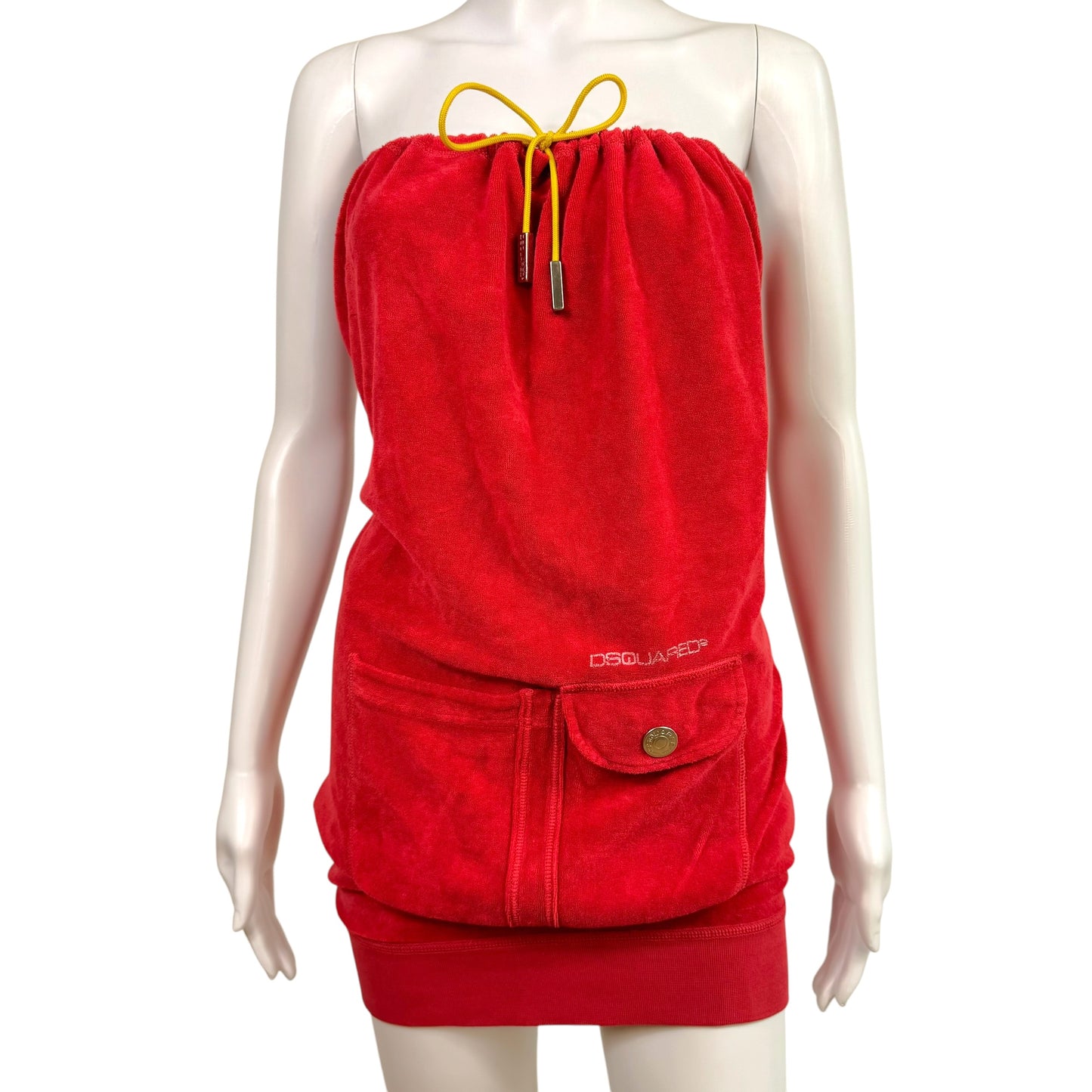 Dsquared2 Red & Yellow Loop Terry Logo Embroidered Strapless Mini Dress