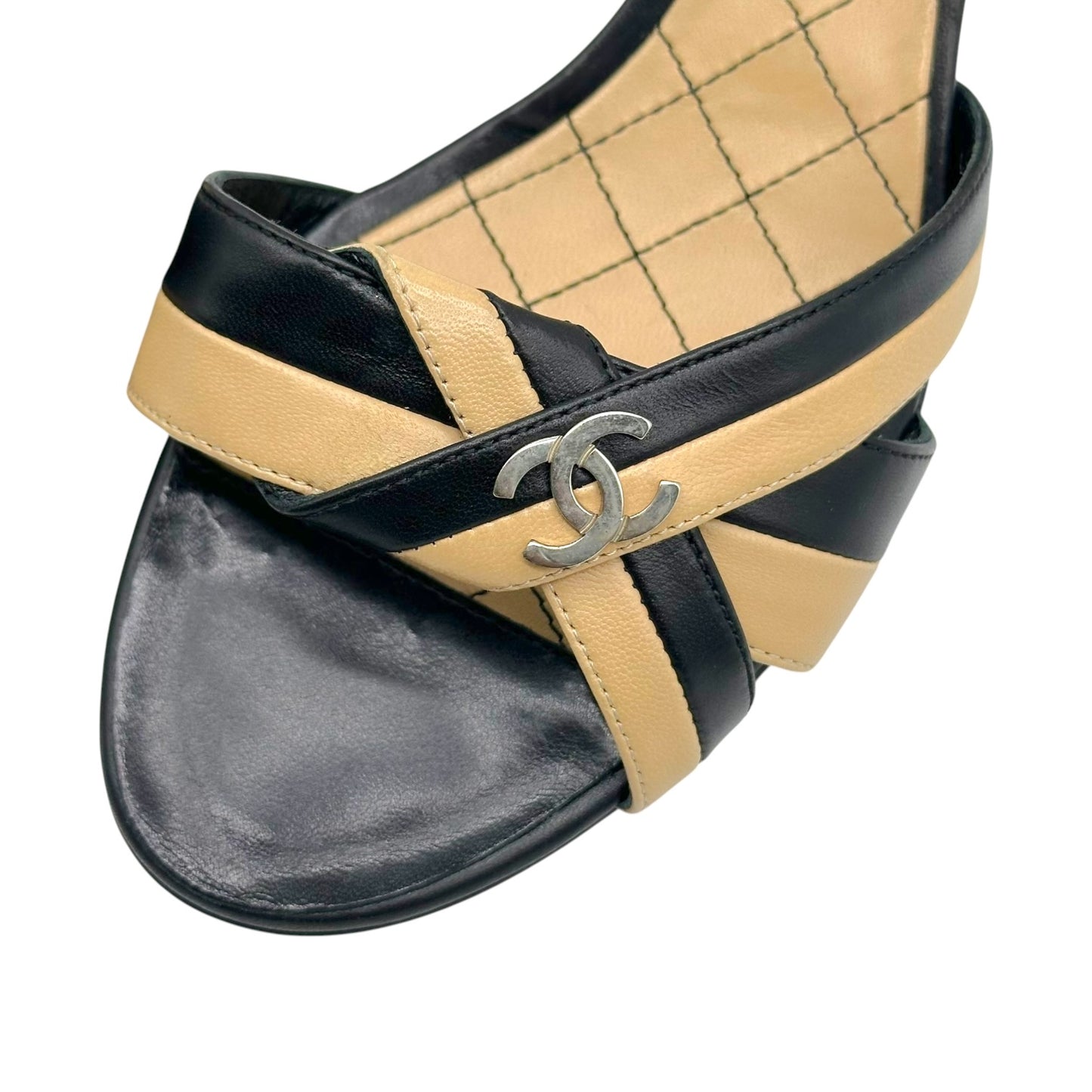 Chanel Black & Tan Striped Leather Kitten Heel Mule Sandals
