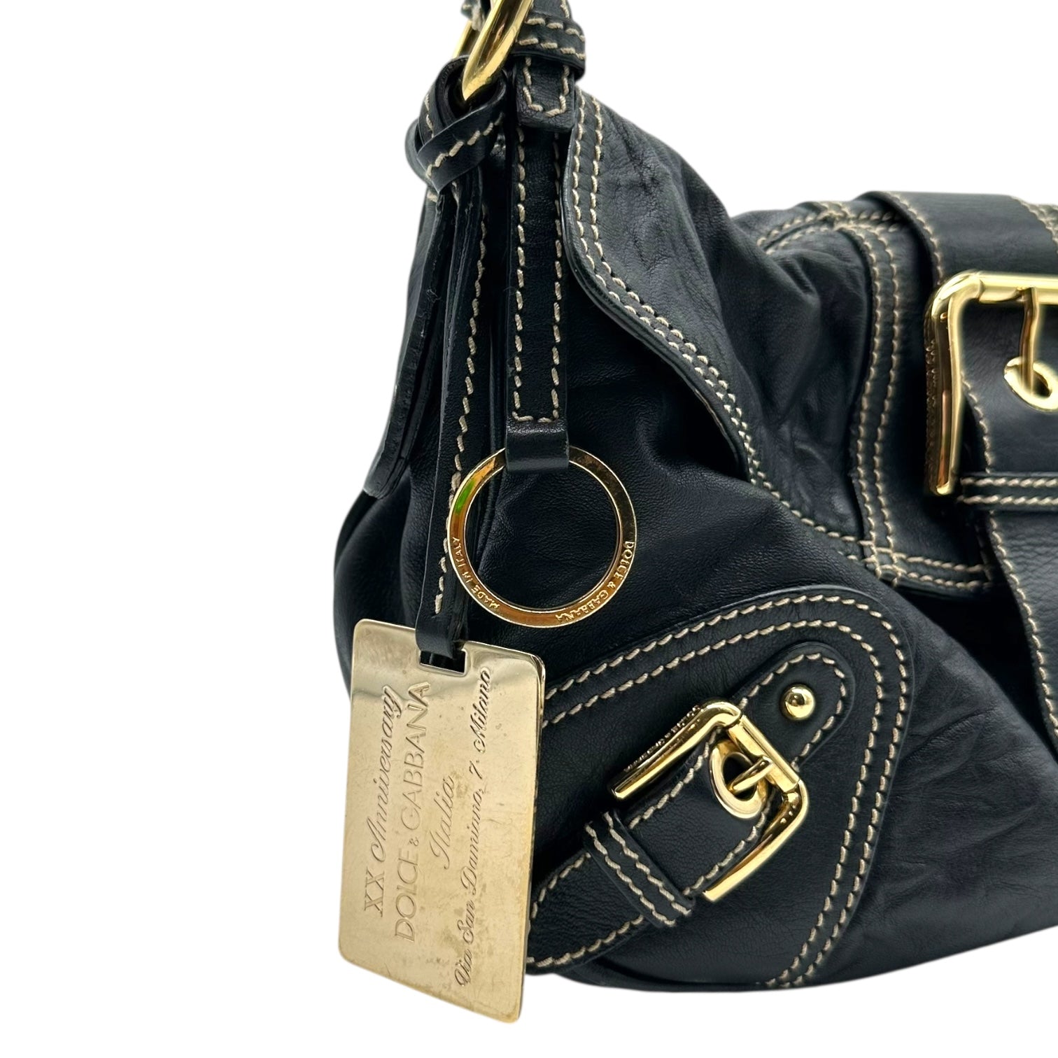 Dolce & Gabbana Black Leather & Gold Buckle Shoulder Bag - Outfit Repeater