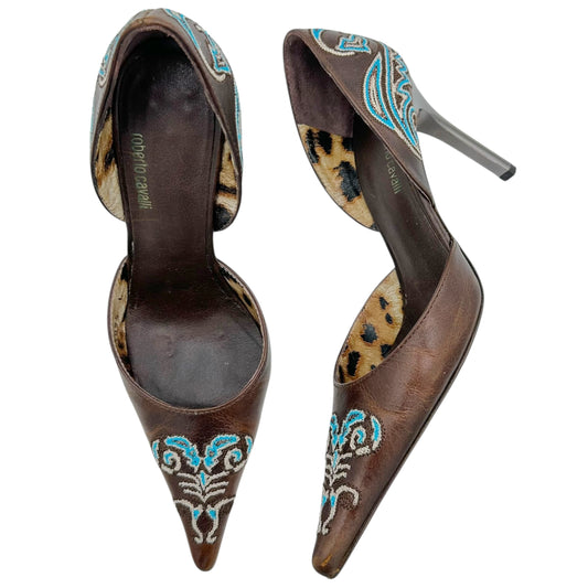 Roberto Cavalli Brown & Blue Embroidered Pointed Toe Heels