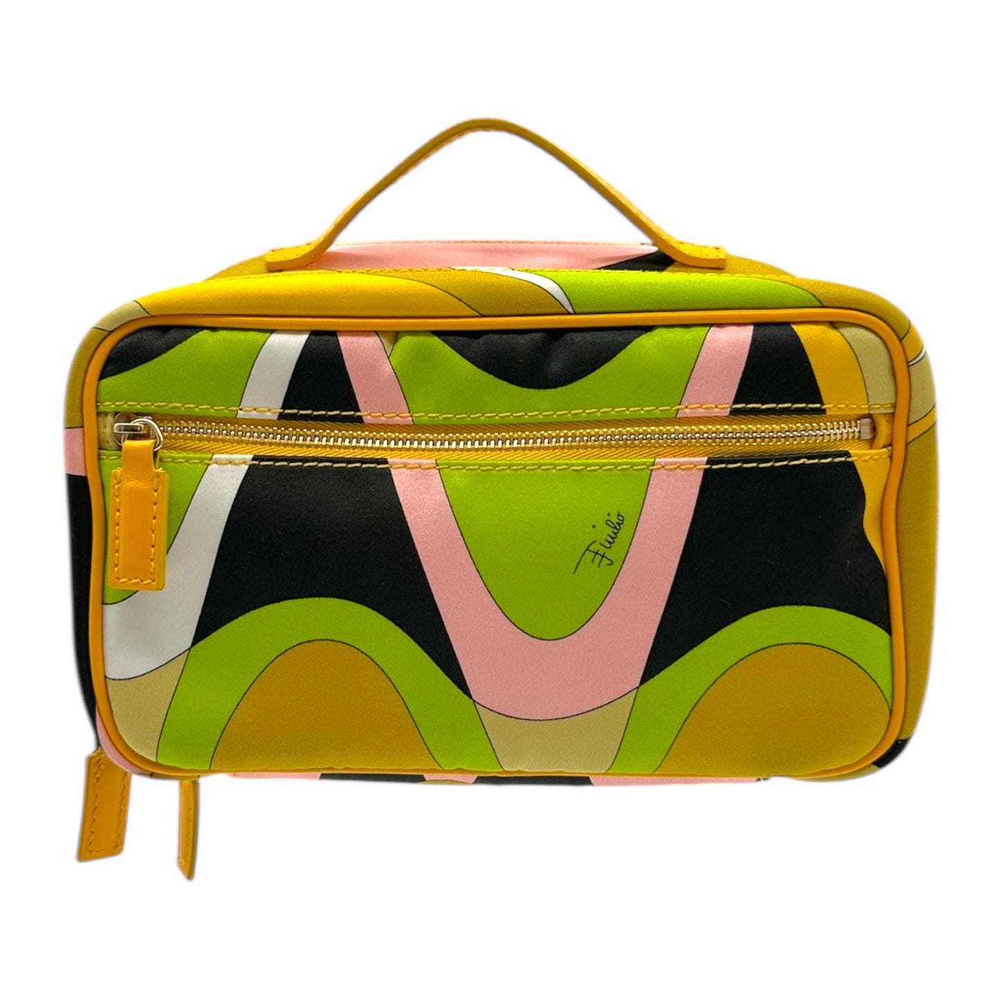 Emilio Pucci Green & Orange Printed Silk Top Handle Mini Vanity Pochette