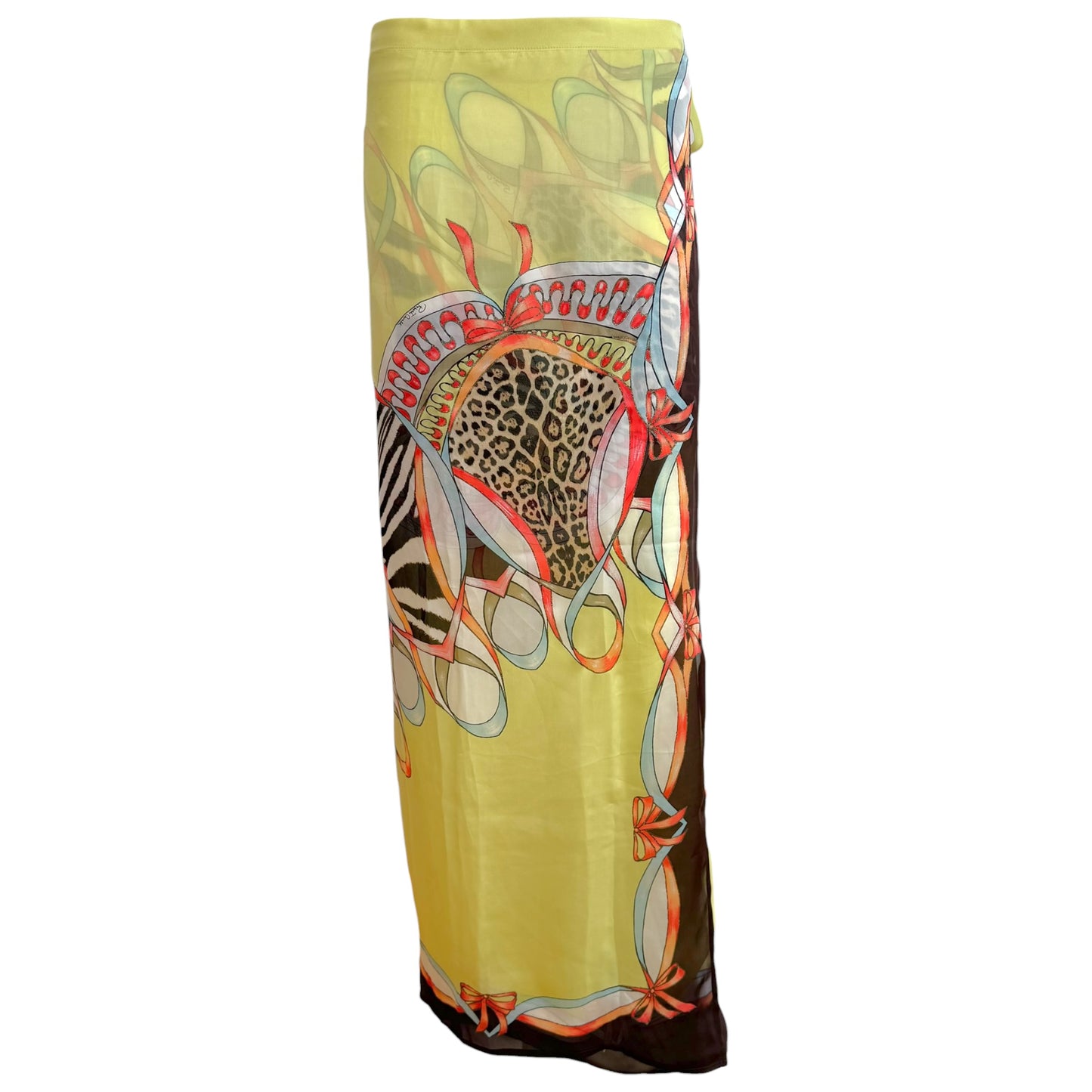 Roberto Cavalli S/S 2004 Yellow Multicolor Animal Print Sheer Silk Maxi Wrap Skirt