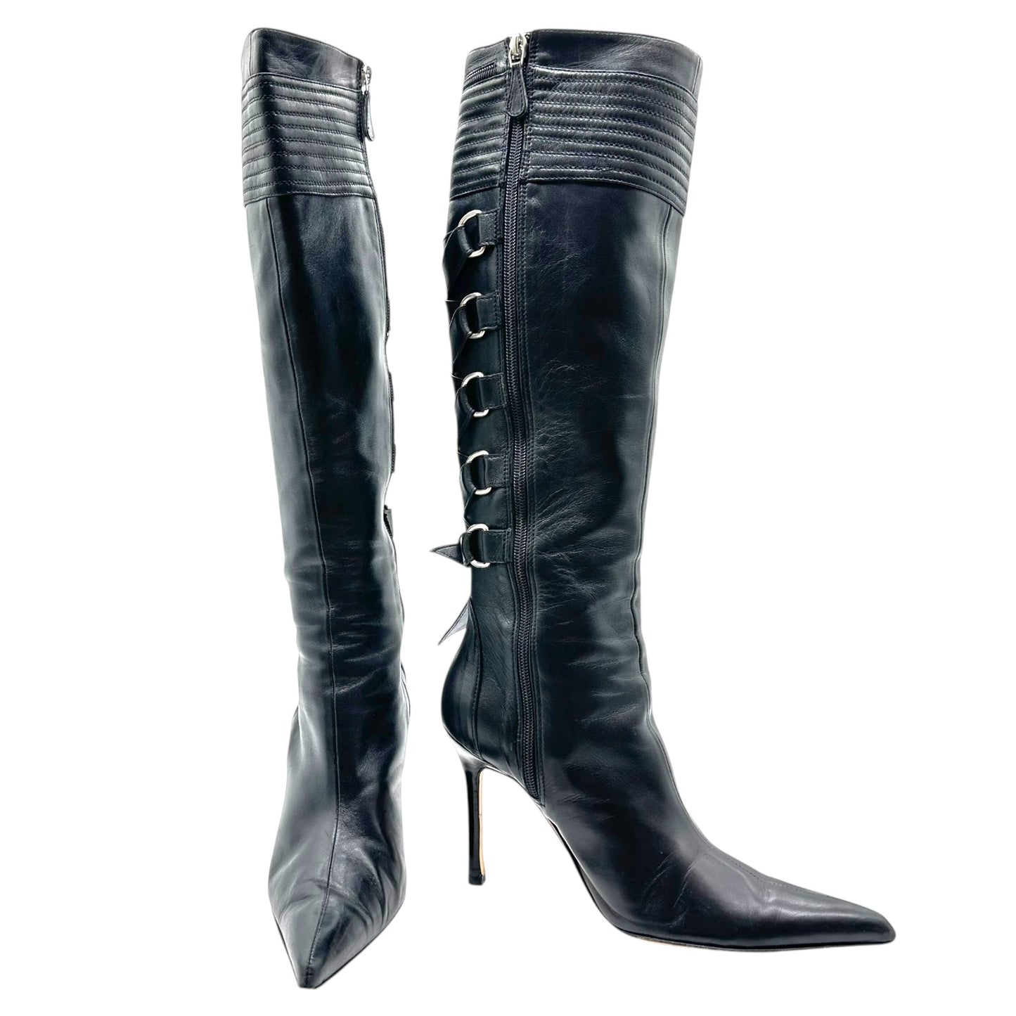 Versace Black Leather Corset Lace Up Heeled Boots