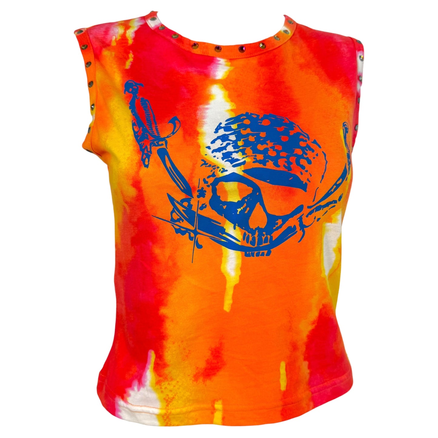 D&G Dolce & Gabbana Tie-Dye & Rhinestone Pirate Skull Graphic Tank NEW